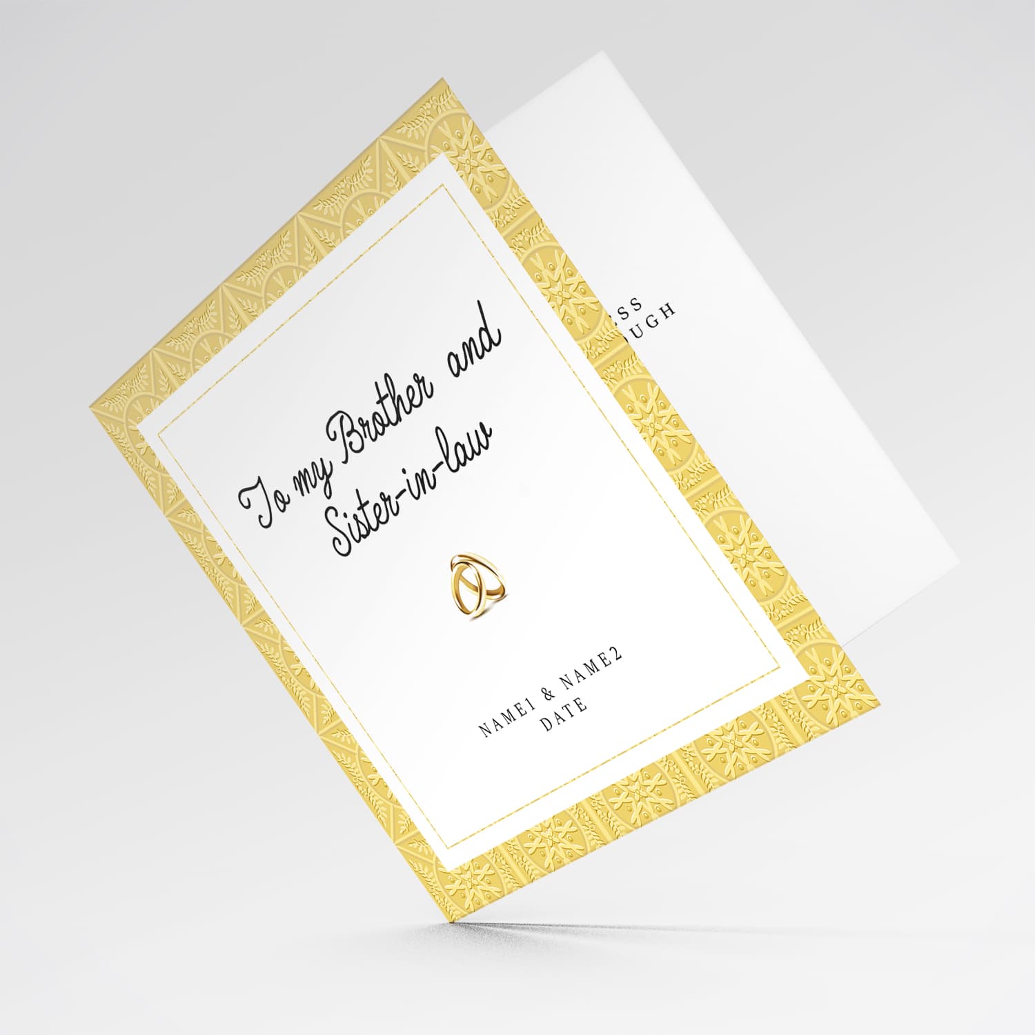 Golden border wedding card with wedding bands for brother and sister-in-law in English (Personalisable)