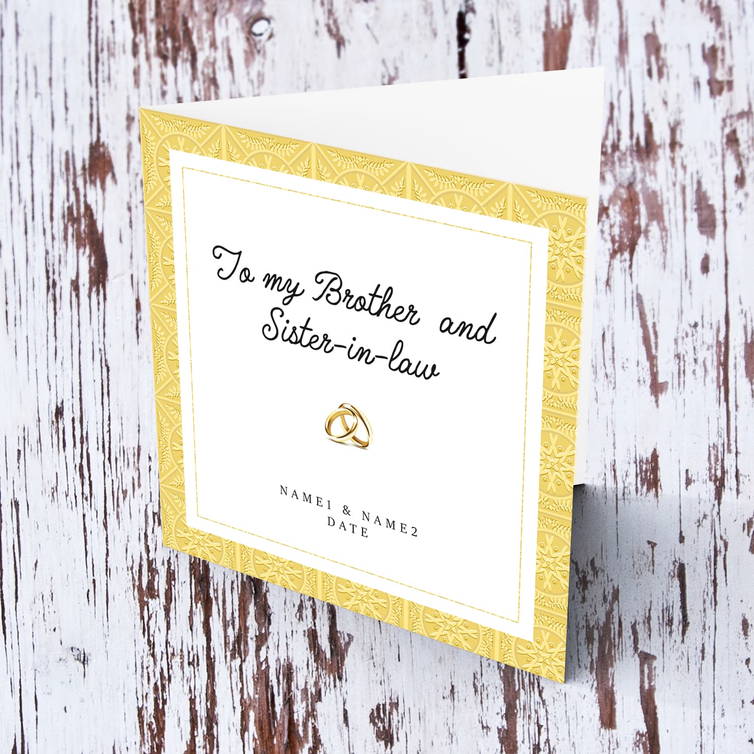 Golden border wedding card with wedding bands for brother and sister-in-law in English (Personalisable)