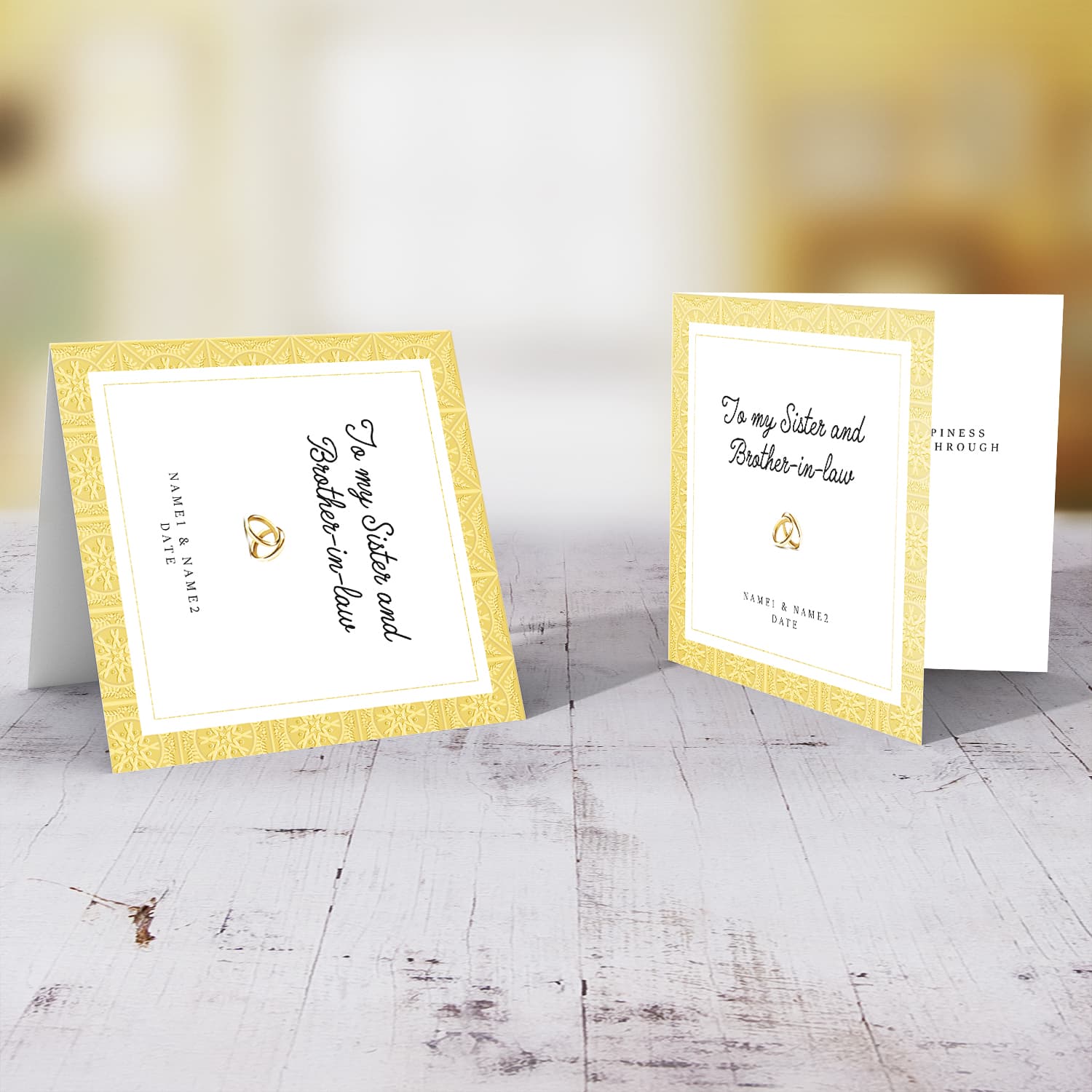 Golden border wedding card with wedding bands for Sister and Brother-in-law in English (Personalisable)
