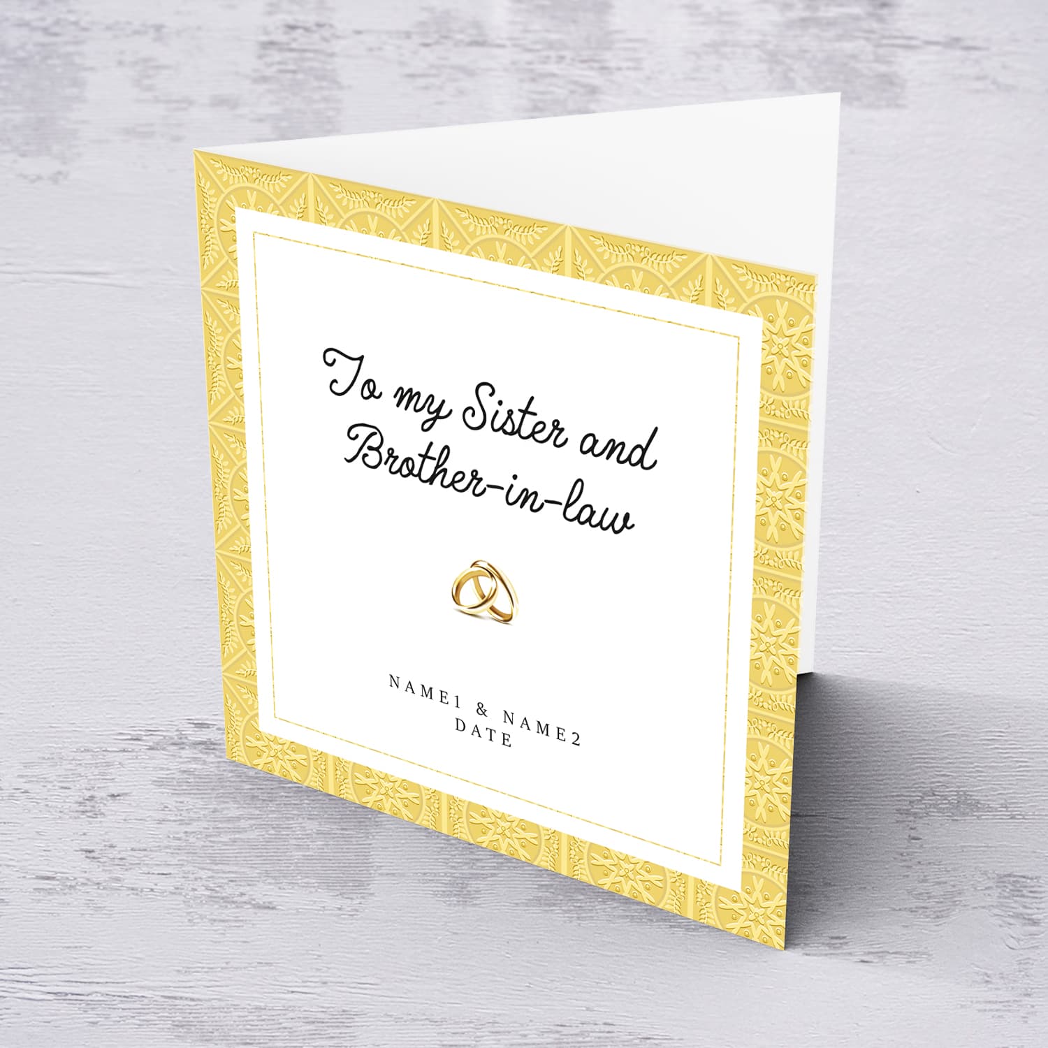 Golden border wedding card with wedding bands for Sister and Brother-in-law in English (Personalisable)