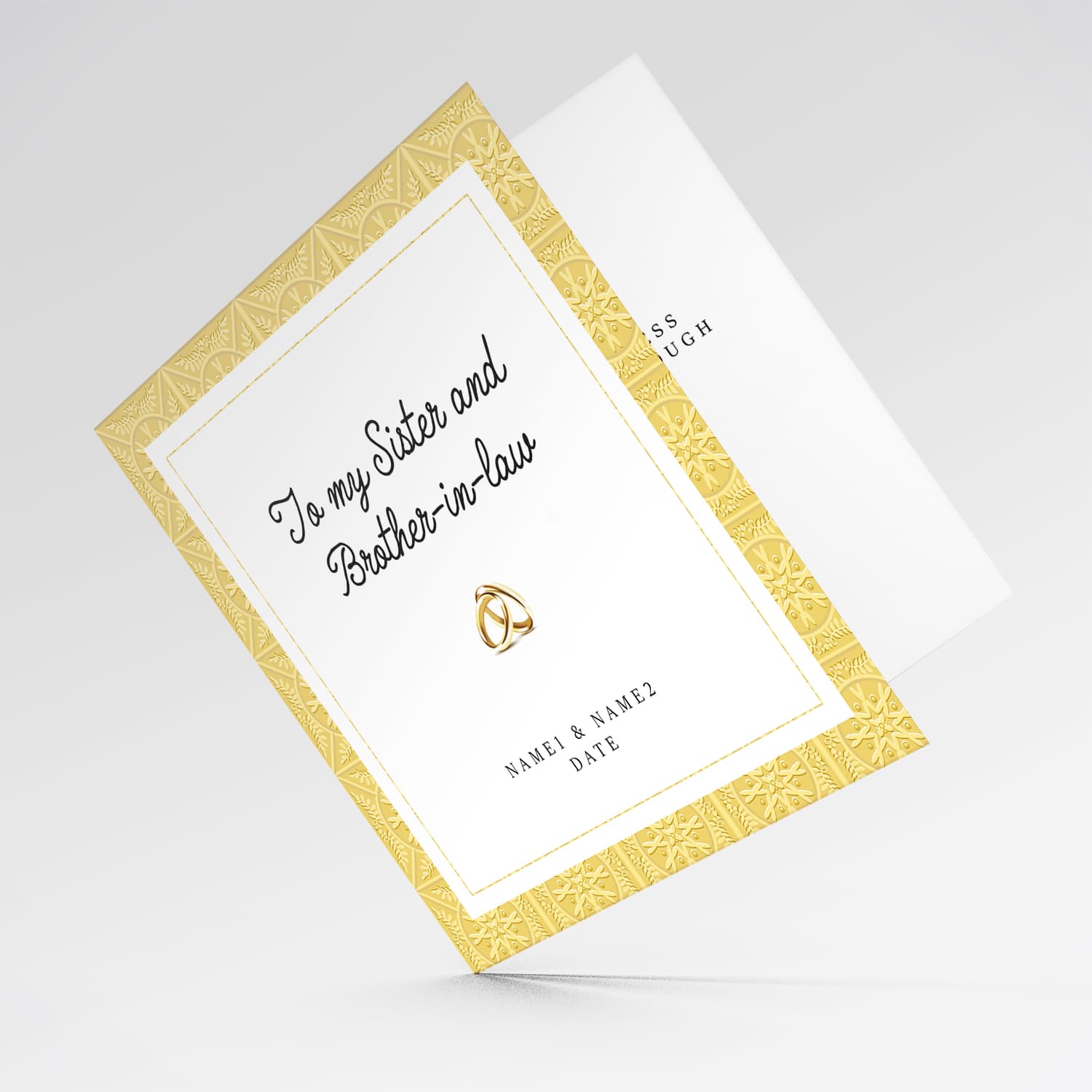 Golden border wedding card with wedding bands for Sister and Brother-in-law in English (Personalisable)