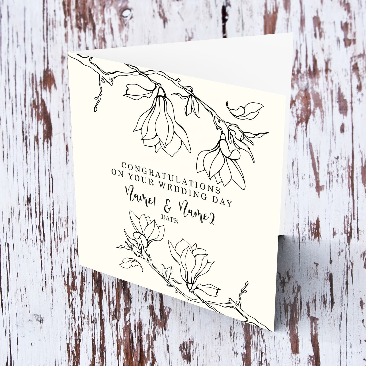 A monochrome wedding card in black text featuring line art flowers in English (Personalisable)