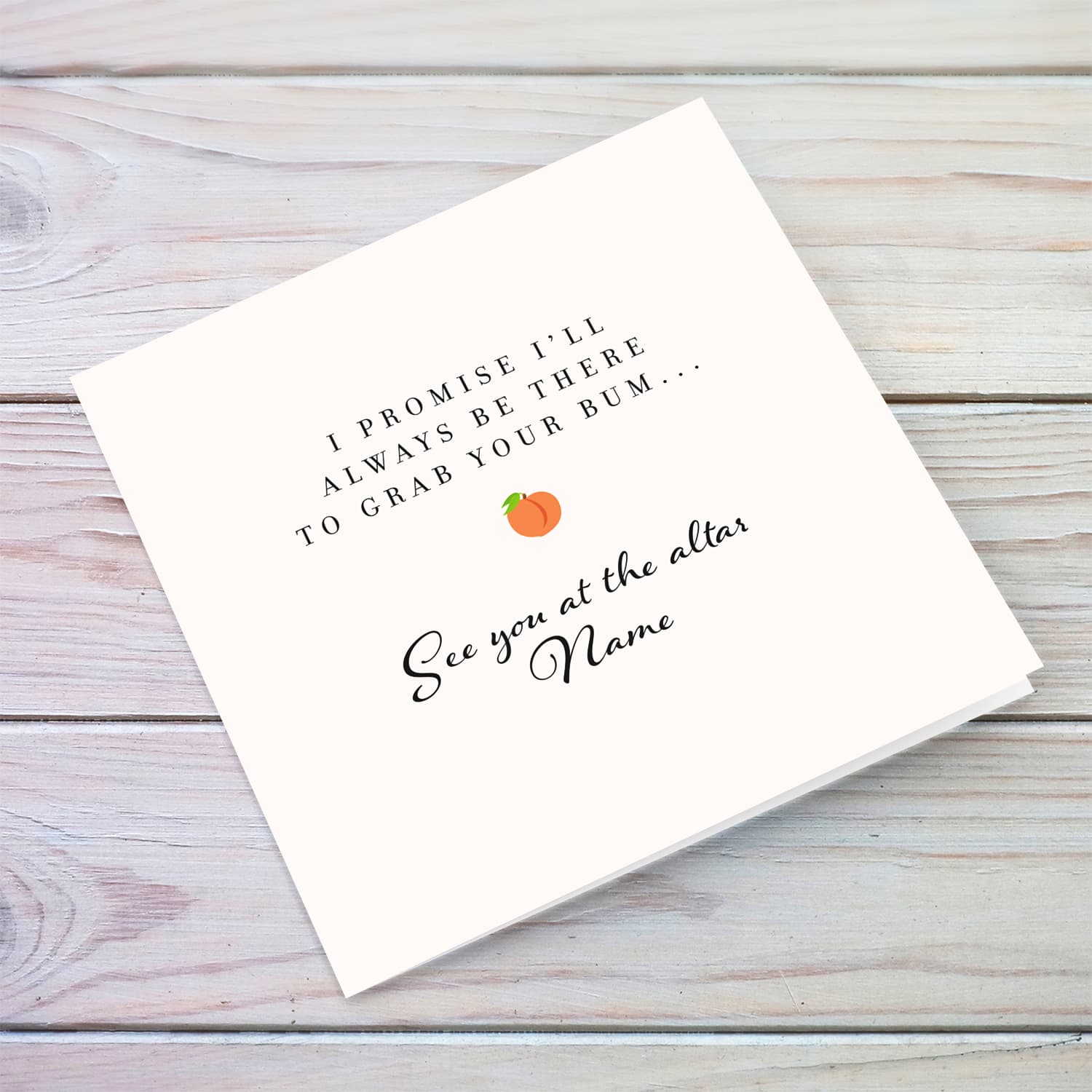 A funny wedding card for husband to be or wife to be featuring a peach emoji - with a fun message in English (Personalisable)