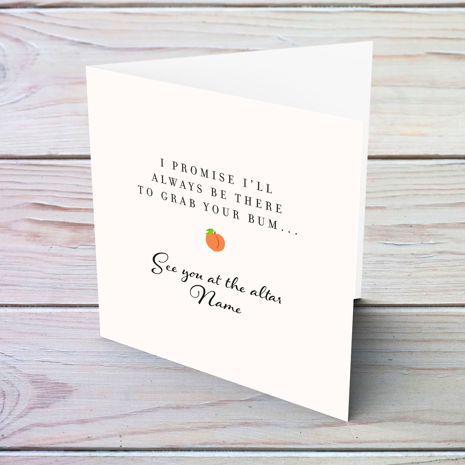 A funny wedding card for husband to be or wife to be featuring a peach emoji - with a fun message in English (Personalisable)
