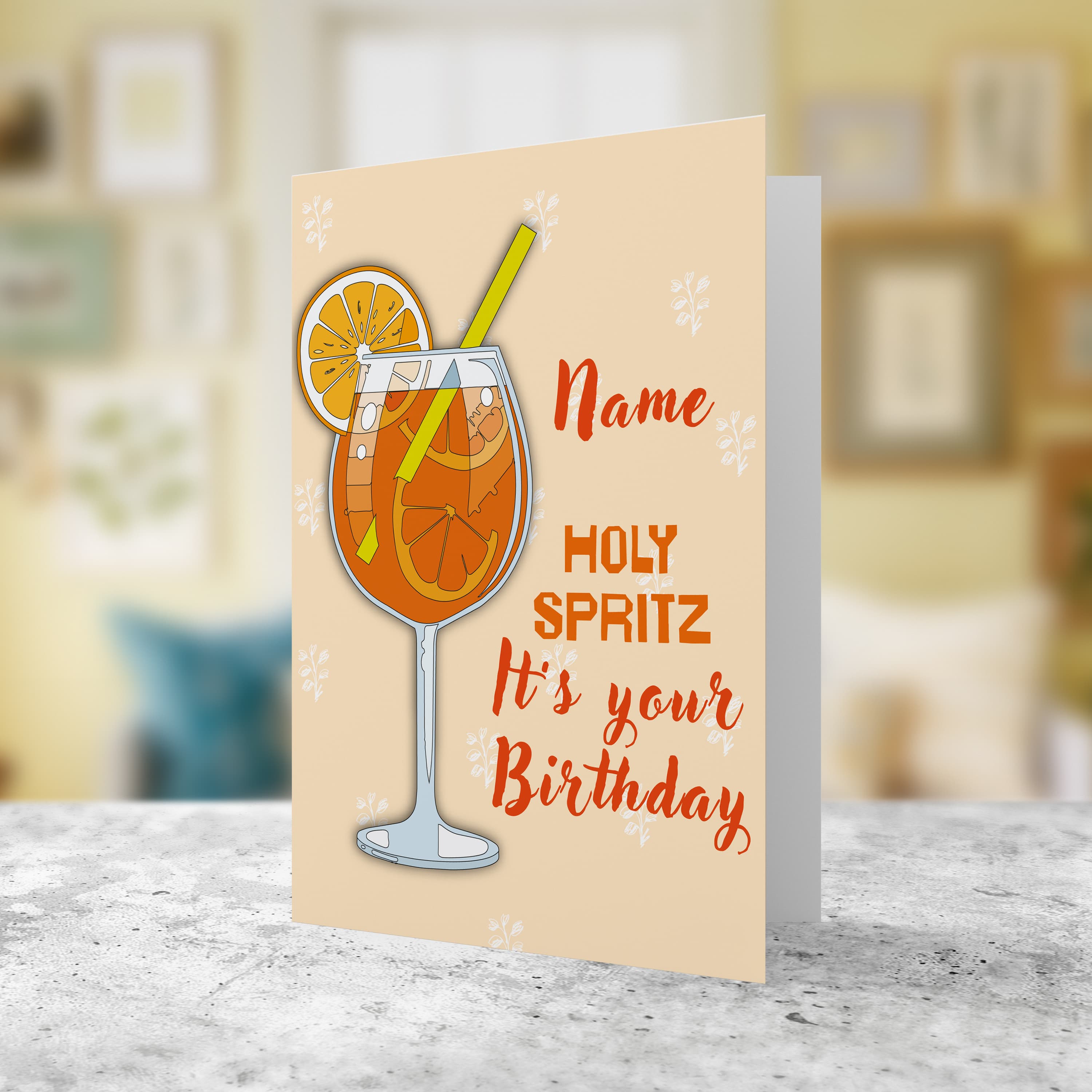 A fresh looking A5 birthday card - featuring a spritz drink with oranges in a light pastel background in English (Personalisable)