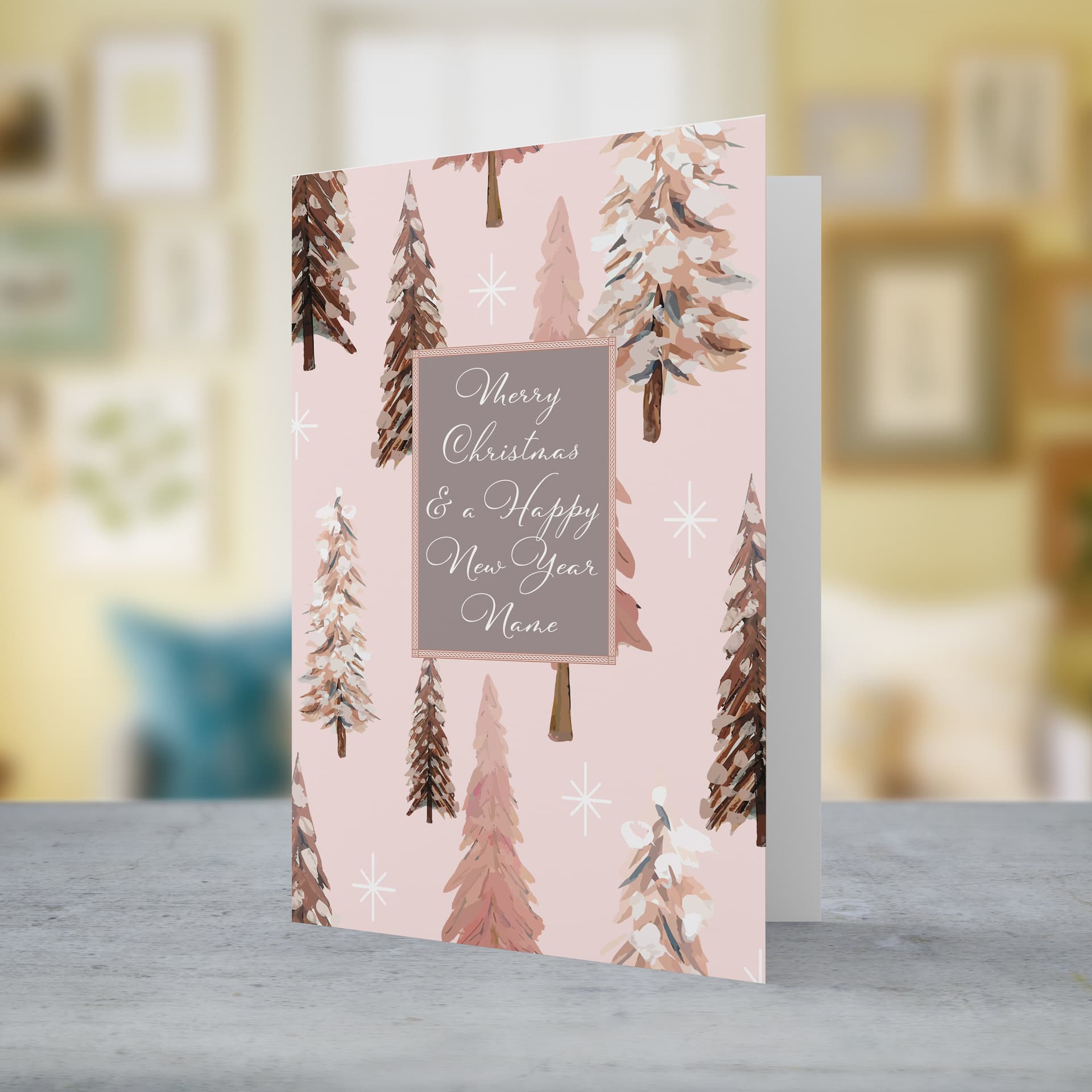 An A5 Christmas card in various pink tones, featuring a background with different Christmas trees in English (Personalisable)