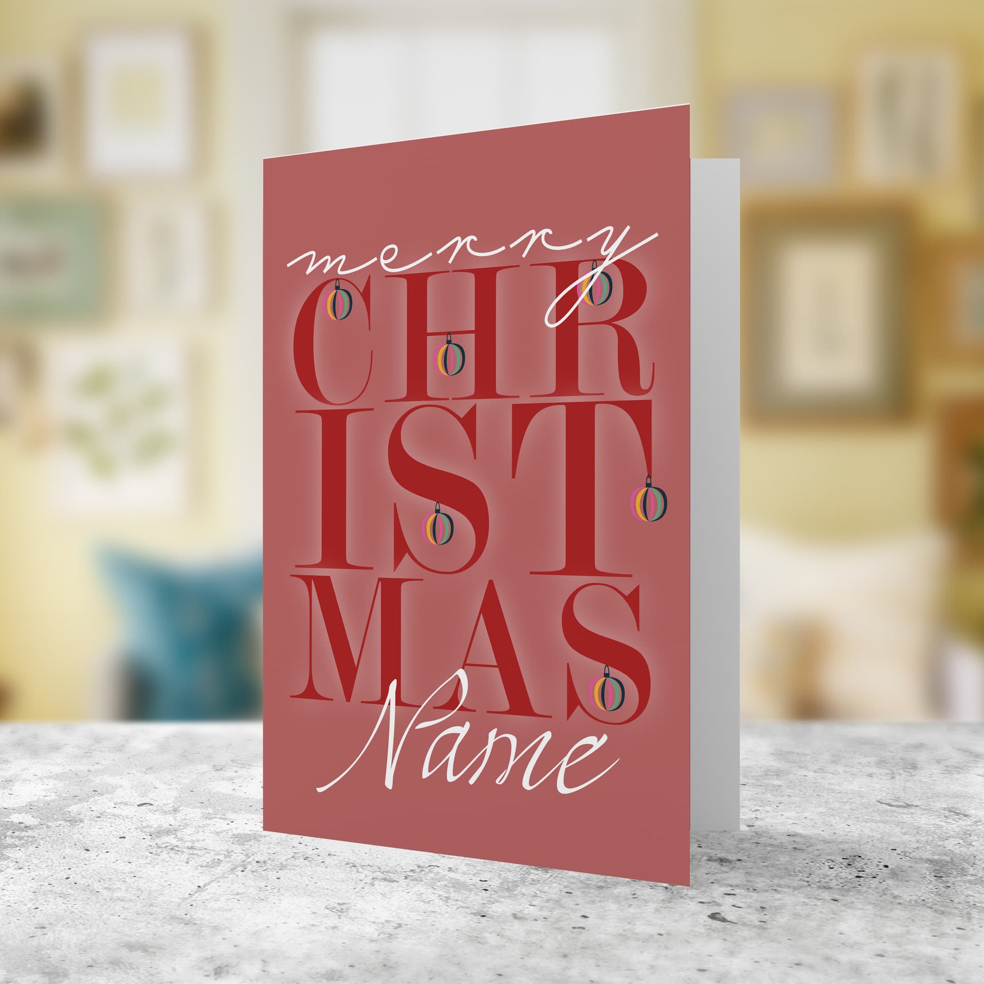 A beautiful A5 Christmas card featuring a light maroon background & big text in English (Neutral, unisex & personalisable)
