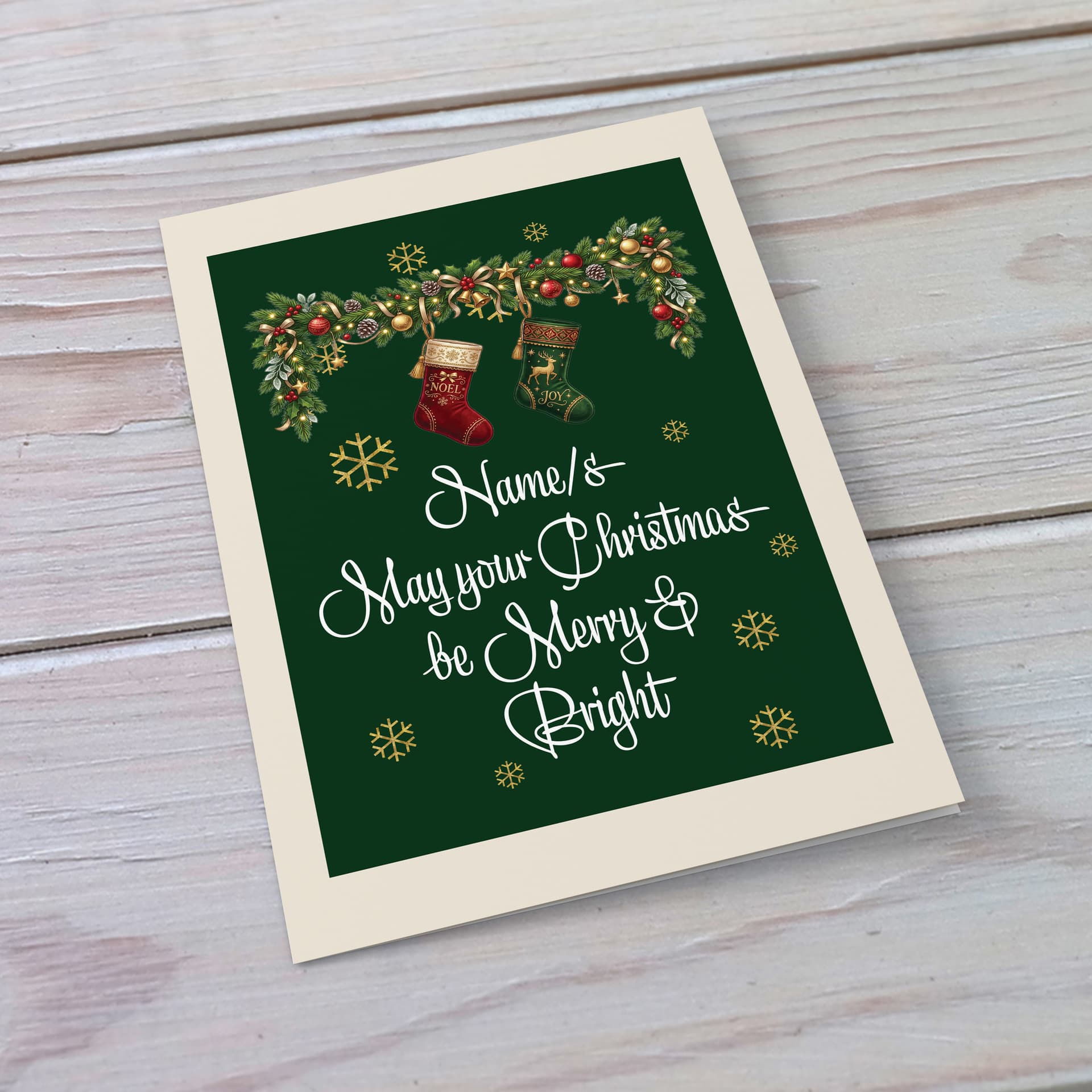 An A5 Christmas card, in bold green colour, feauturing 2 Christmas stockings in English (Neutral, unisex and personalisable)
