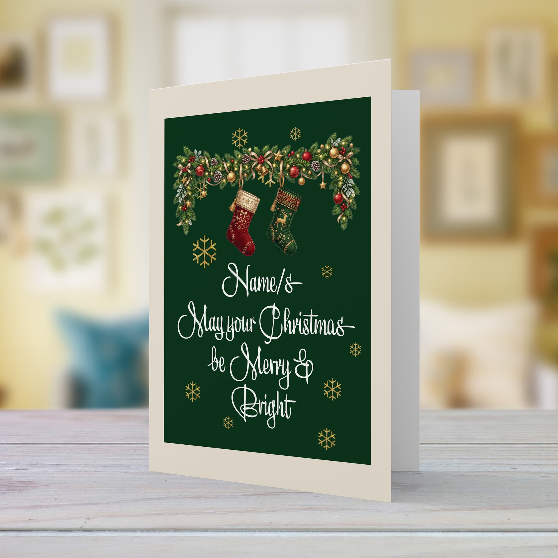 An A5 Christmas card, in bold green colour, feauturing 2 Christmas stockings in English (Neutral, unisex and personalisable)