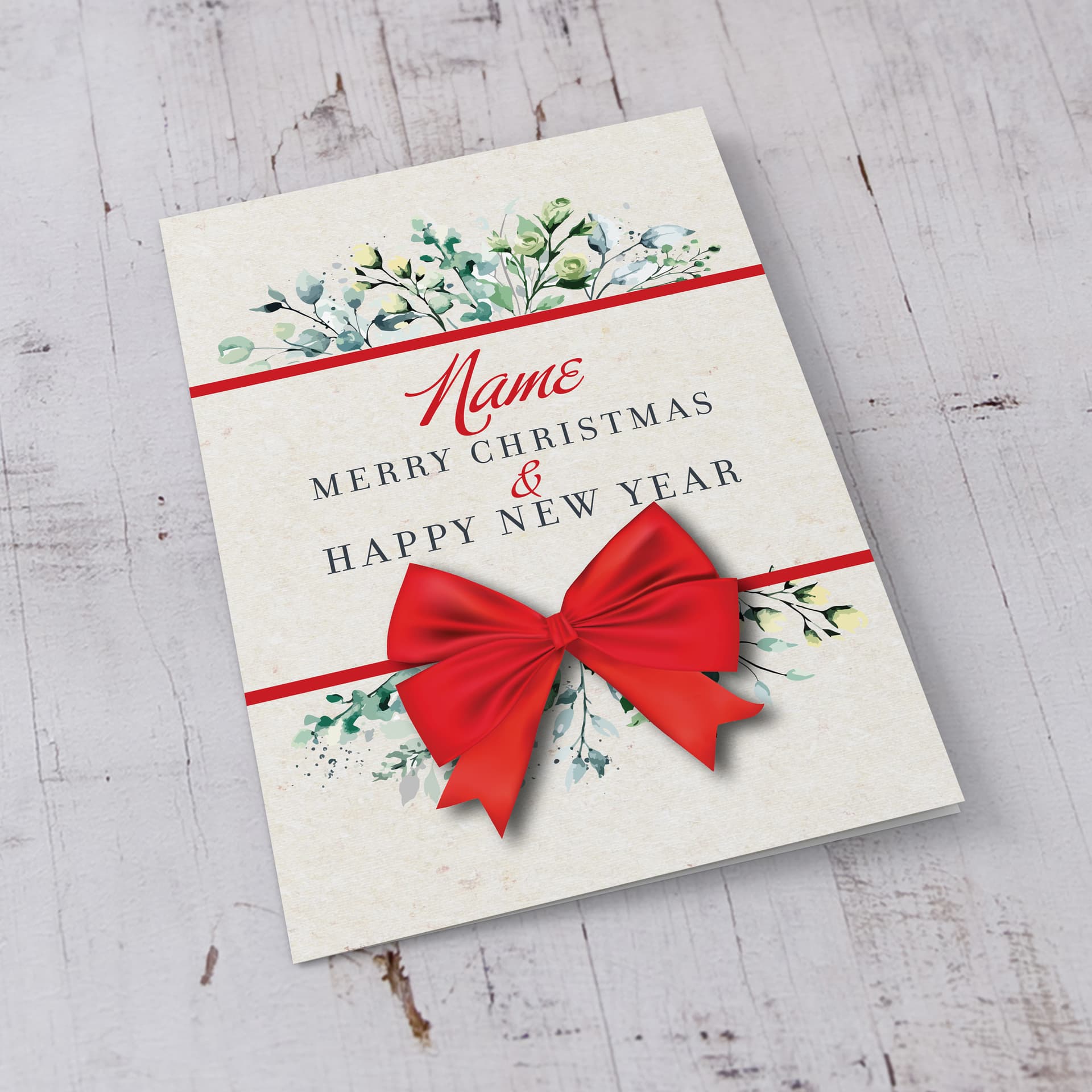 An A5 Christmas card, feautring green florals & leaves, together with a bright red bow in English (neutral, unisex and personalisable)