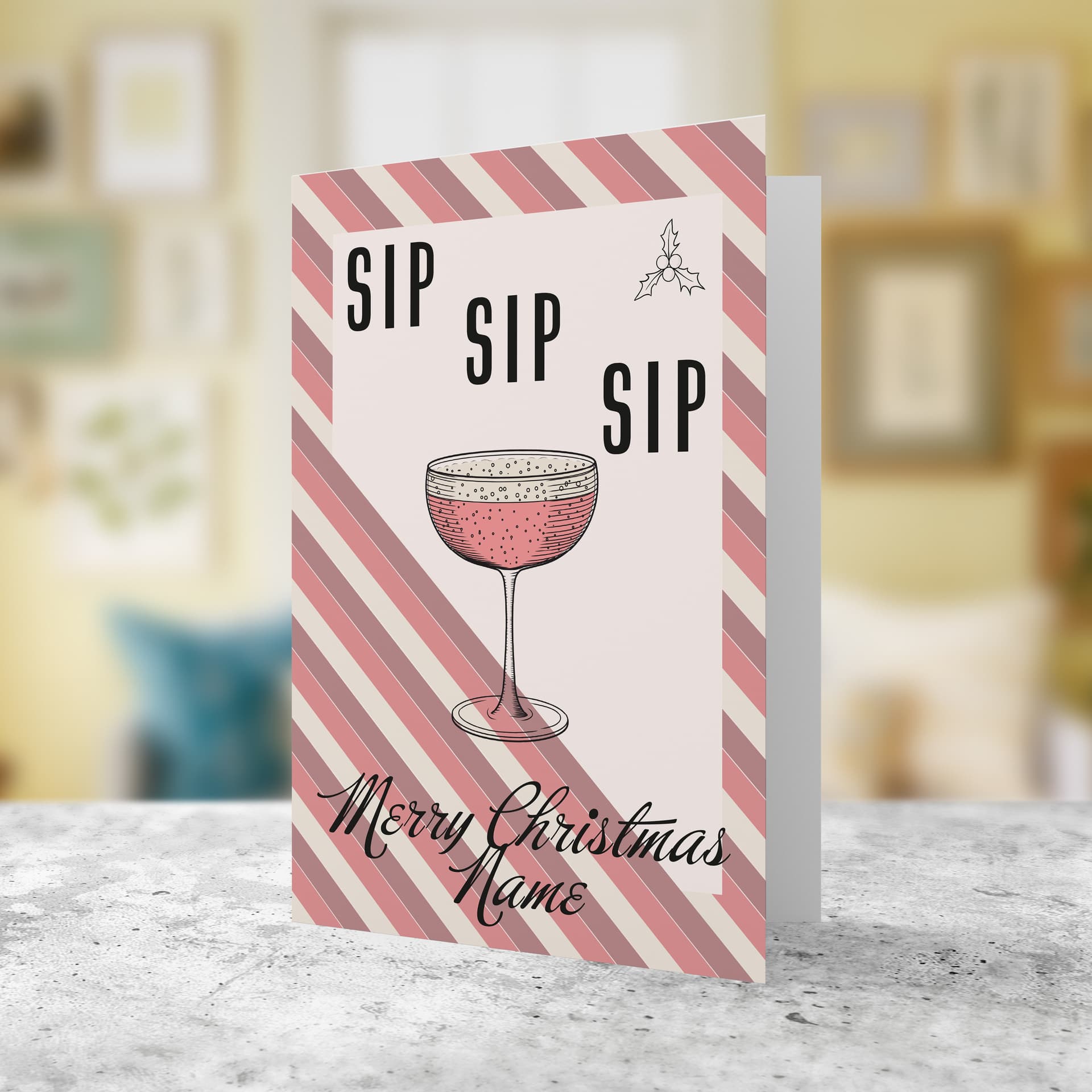 An a5 Christmas card, featuring a striped background, with a champagne glass in English (Personalisable)
