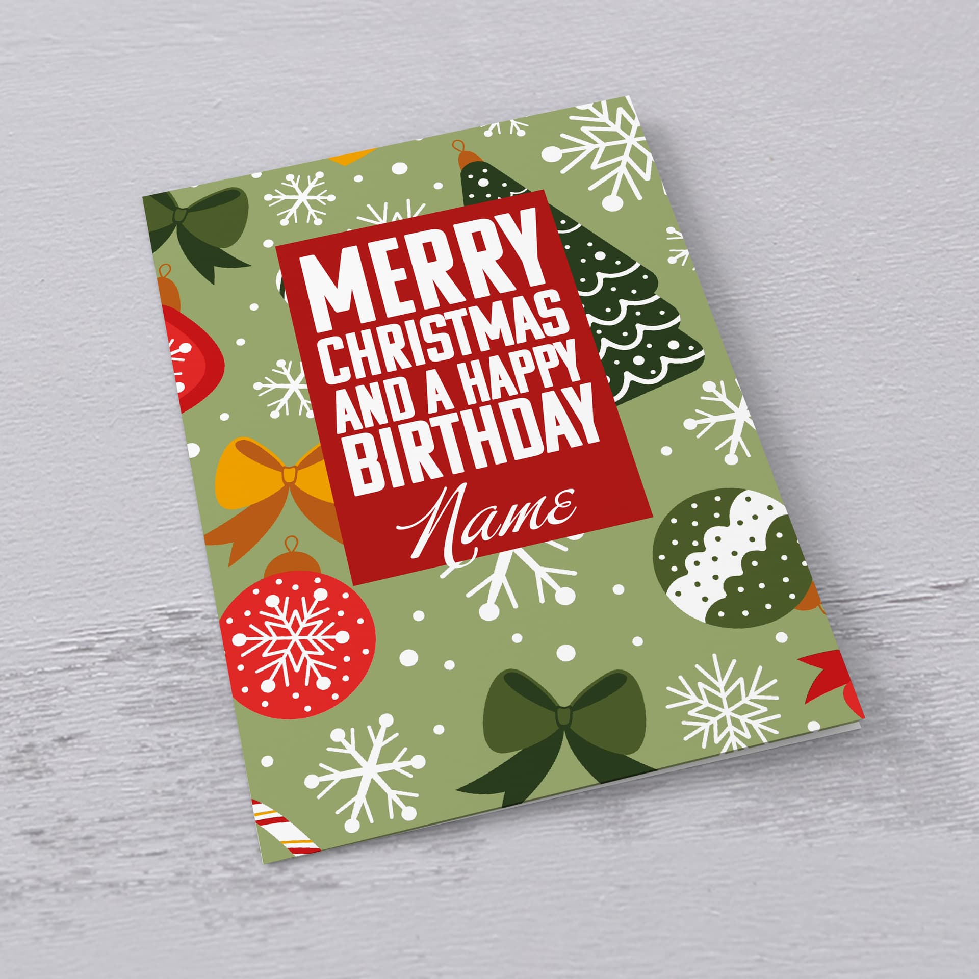 An a5 open Christmas & BIRTHDAY card, featuring a Christmassy background including baubles, bows and snowflakes in English (Neutral & Personalisable)