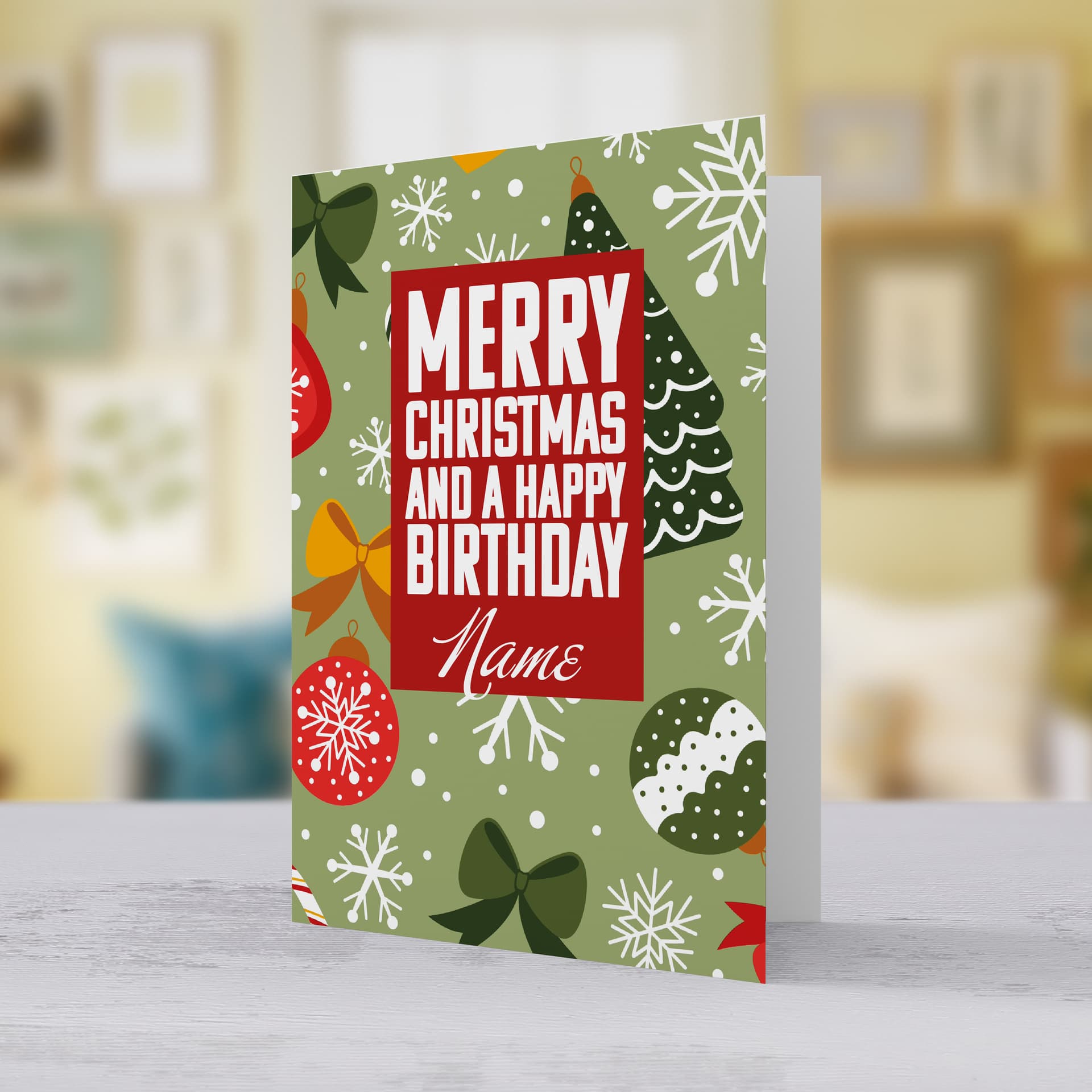 An a5 open Christmas & BIRTHDAY card, featuring a Christmassy background including baubles, bows and snowflakes in English (Neutral & Personalisable)