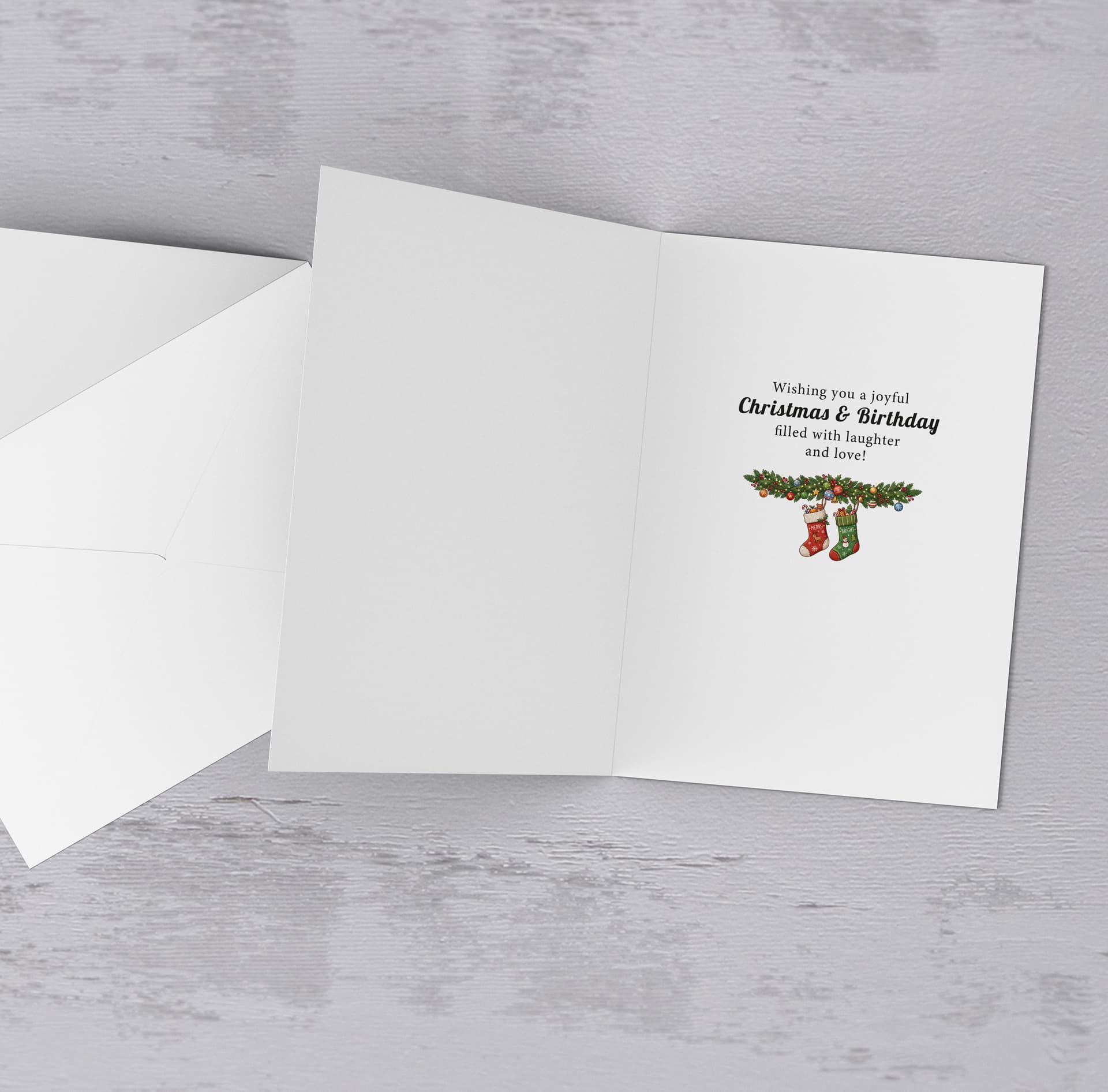 An a5 open Christmas & BIRTHDAY card, featuring a Christmassy background including baubles, bows and snowflakes in English (Neutral & Personalisable)