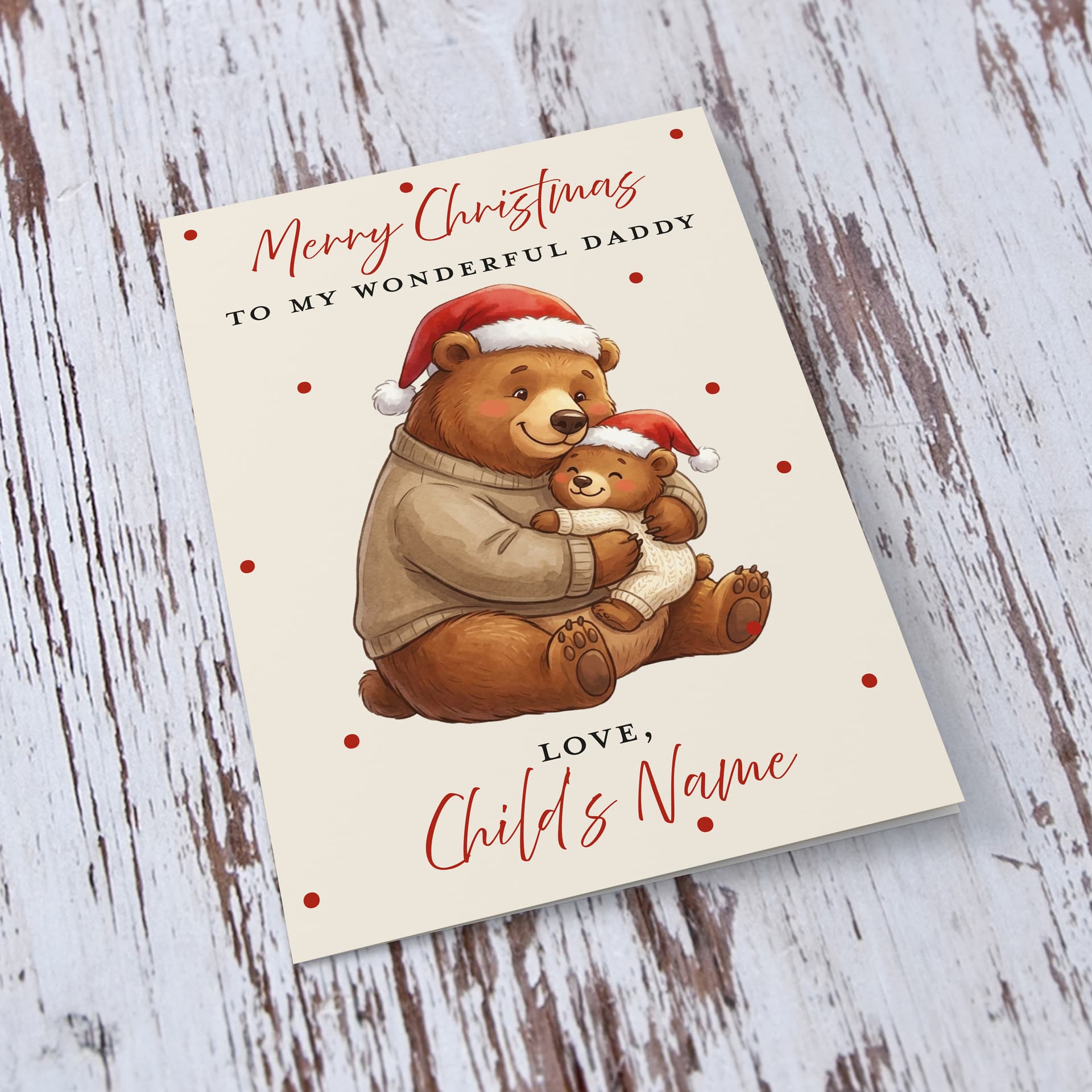 A cute A5 Christmas card for Daddy, featuring daddy bear and baby bear hugging each other in a neutral background in English (Personalisable with Child's Name)