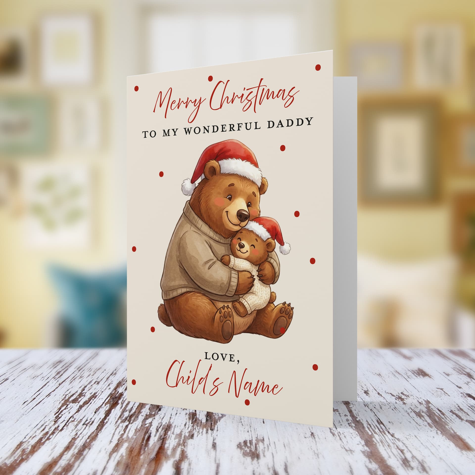 A cute A5 Christmas card for Daddy, featuring daddy bear and baby bear hugging each other in a neutral background in English (Personalisable with Child's Name)