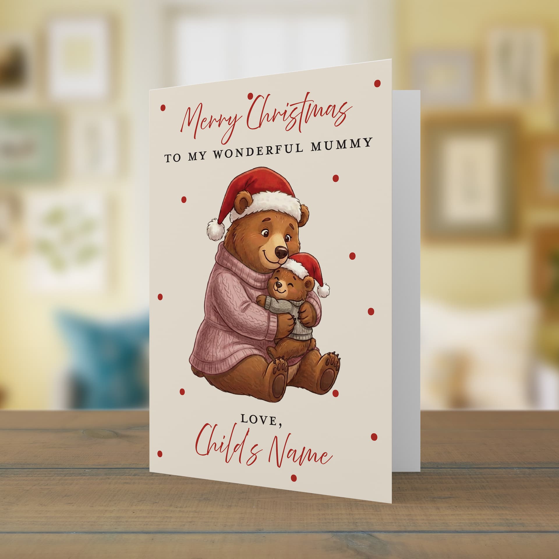 A cute A5 Christmas card for Mummy, featuring mummy bear and baby bear hugging each other in a neutral background in English (Personalisable with Child's Name)