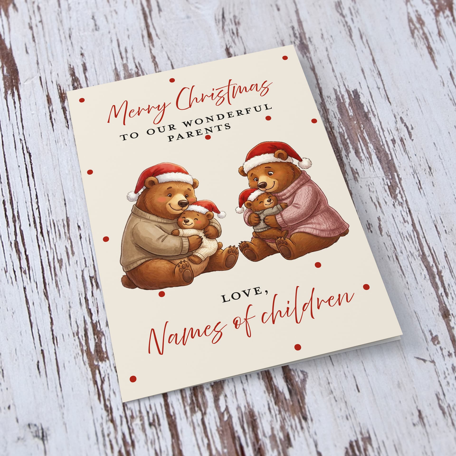 A cute A5 Christmas card for parents, featuring daddy & mummy bear hugging their babies in a neutral background in English (Personalisable with Child's Names)