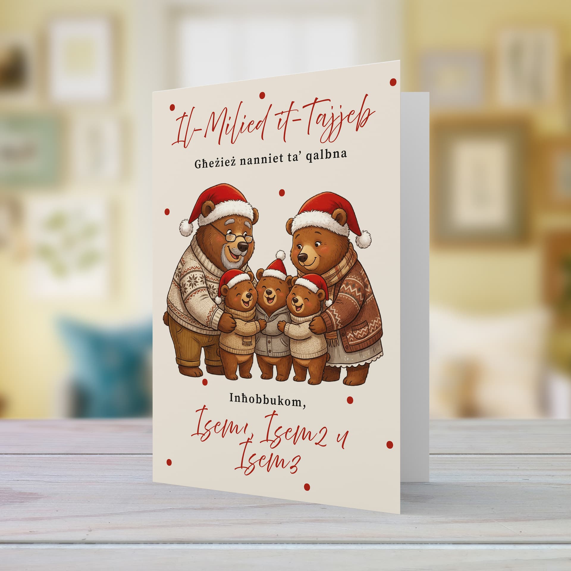 A cute A5 Christmas card for Grandparents, featuring grandma bear, grandpa bear and three baby bears hugging each other in a neutral background in Maltese (Personalisable with Children's Name)