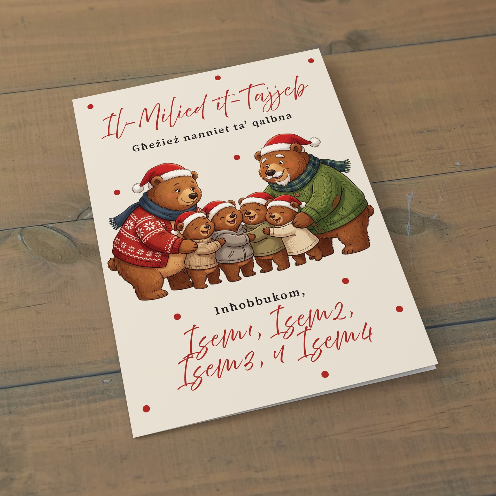 A cute A5 Christmas card for Grandparents, featuring grandma bear, grandpa bear and four baby bears hugging each other in a neutral background in Maltese (Personalisable with Children's Name)