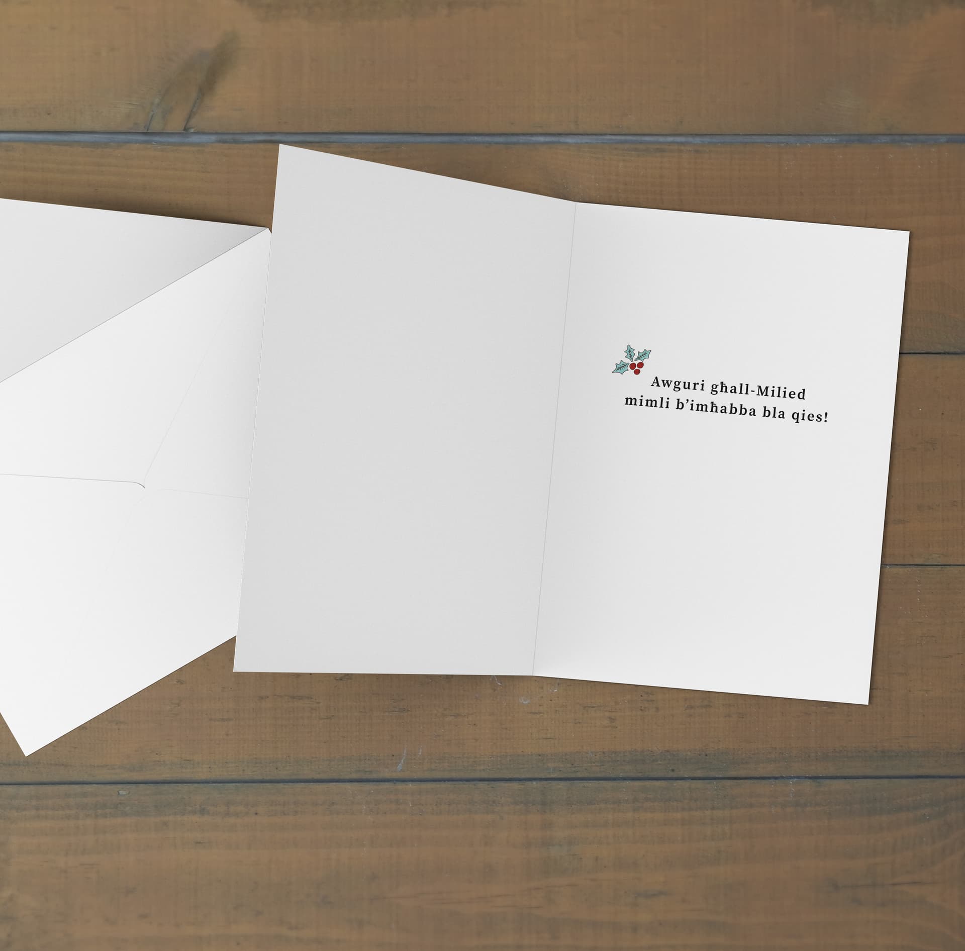 A cute A5 Christmas card for Grandparents, featuring grandma bear, grandpa bear and four baby bears hugging each other in a neutral background in Maltese (Personalisable with Children's Name)