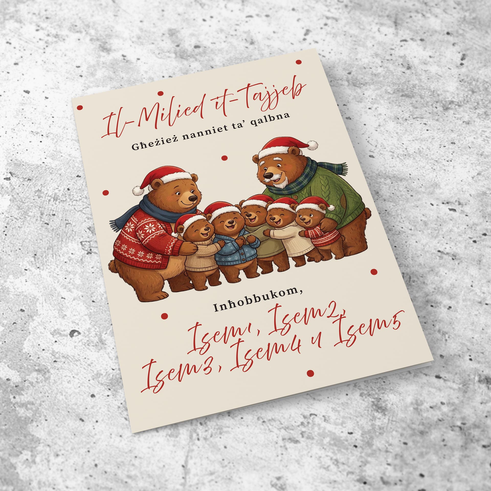 A cute A5 Christmas card for Grandparents, featuring grandma bear, grandpa bear and five baby bears hugging each other in a neutral background in Maltese (Personalisable with Children's Name)