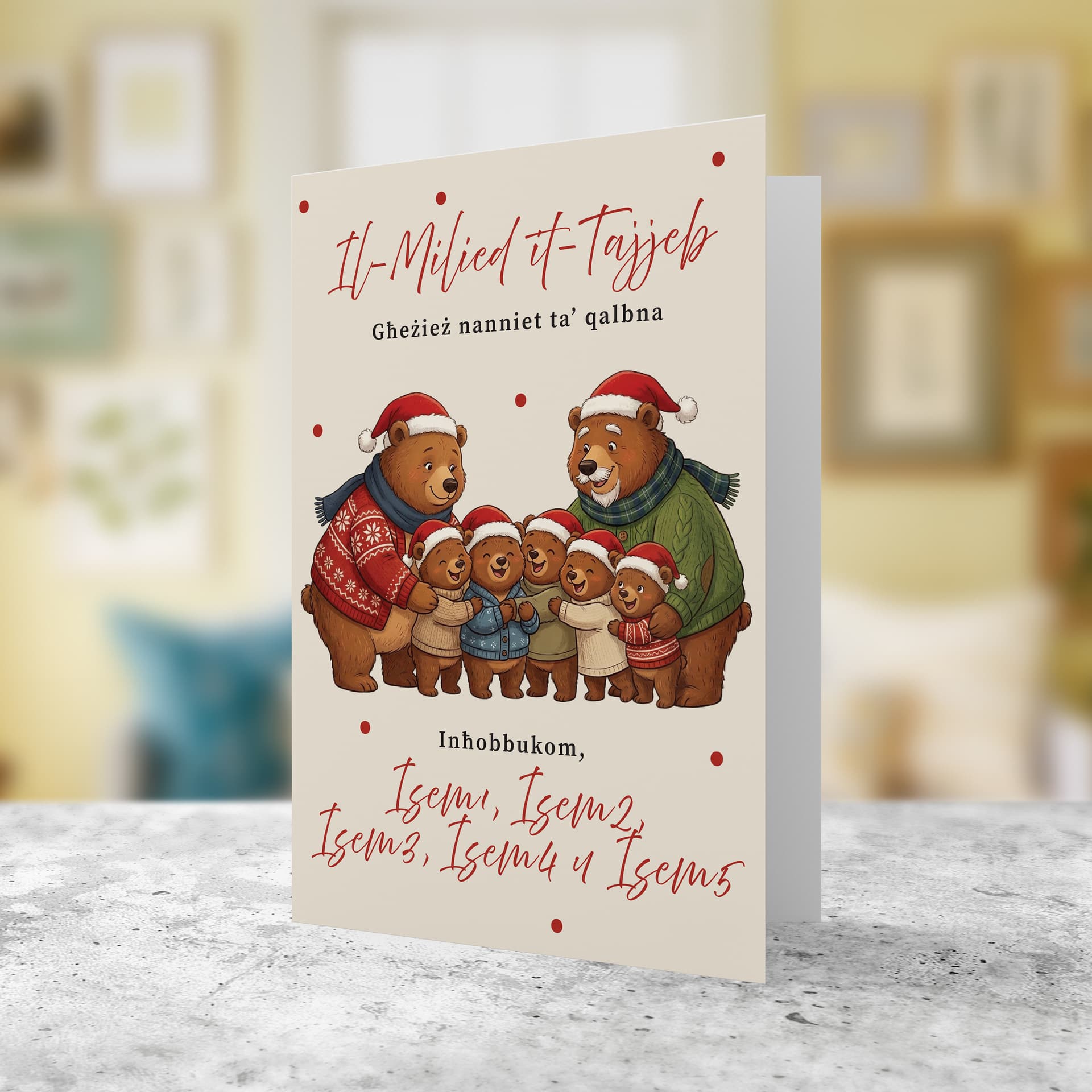 A cute A5 Christmas card for Grandparents, featuring grandma bear, grandpa bear and five baby bears hugging each other in a neutral background in Maltese (Personalisable with Children's Name)