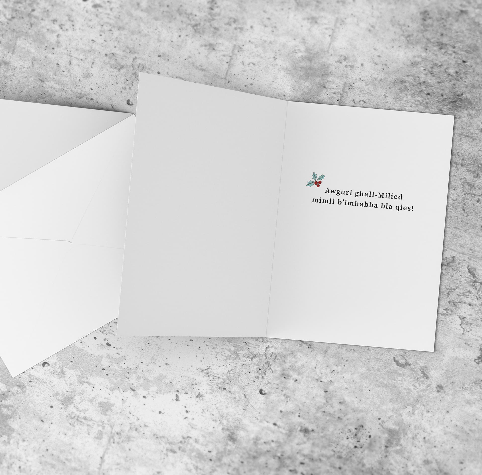 A cute A5 Christmas card for Grandparents, featuring grandma bear, grandpa bear and five baby bears hugging each other in a neutral background in Maltese (Personalisable with Children's Name)