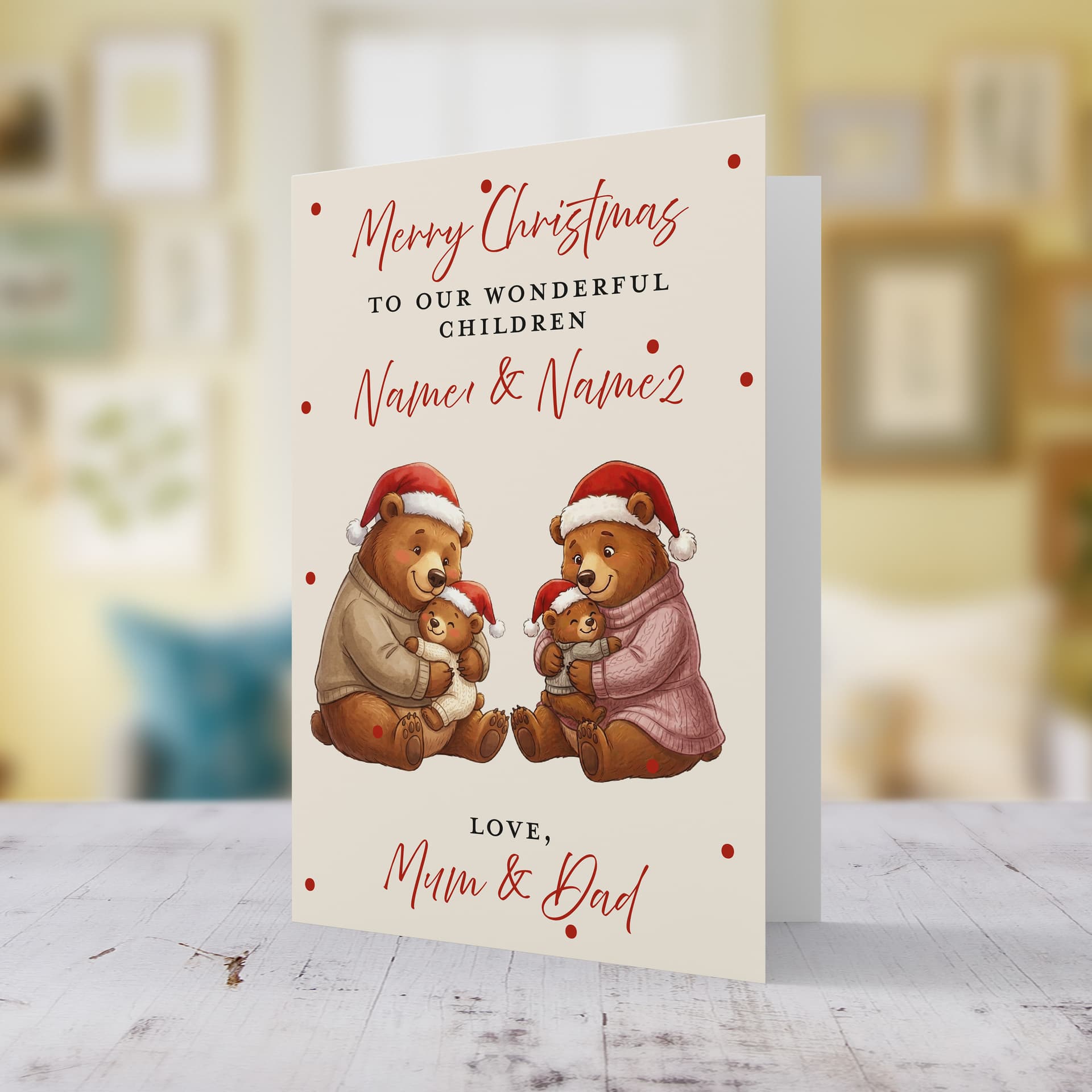 A cute A5 Christmas card for your kids, featuring mummy bear, daddy bear and baby bears hugging each other in a neutral background in English (Personalisable with Child's Name)