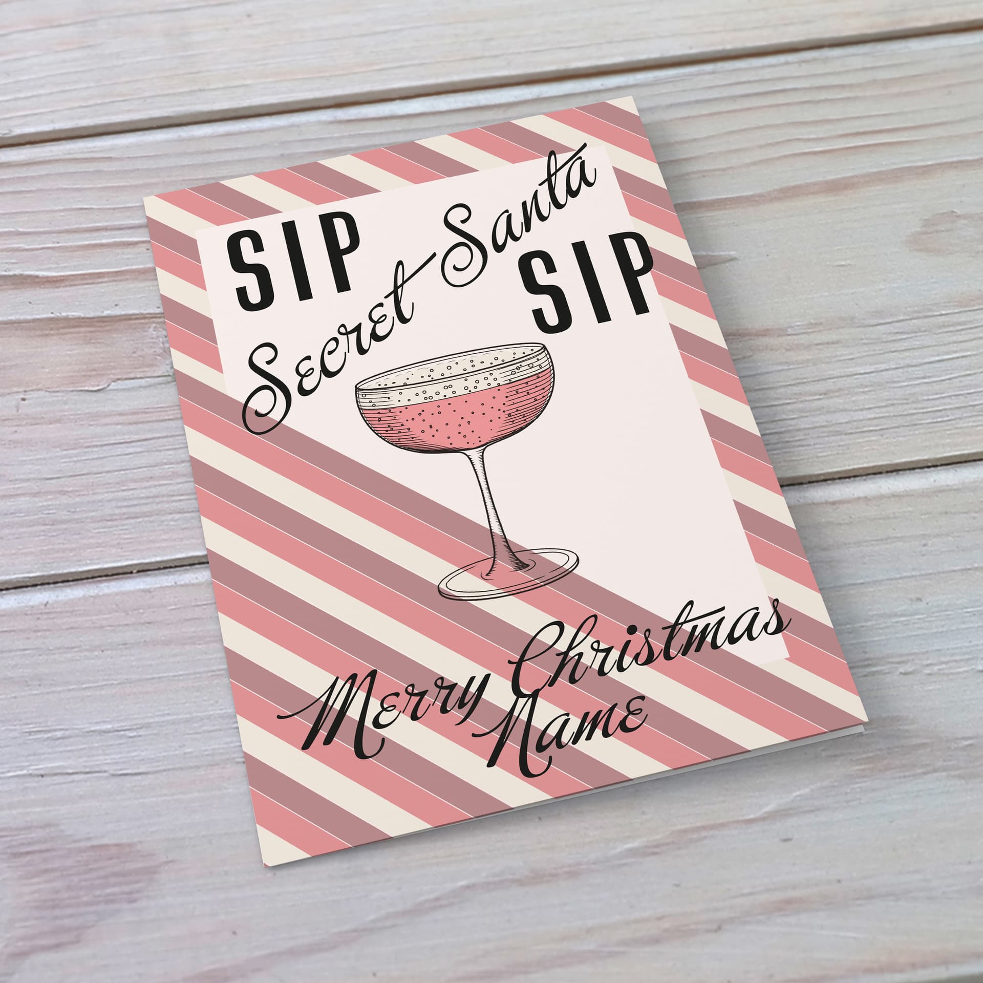 An a5 Christmas card - secret santa, featuring a striped background, with a champagne glass in English (Personalisable)