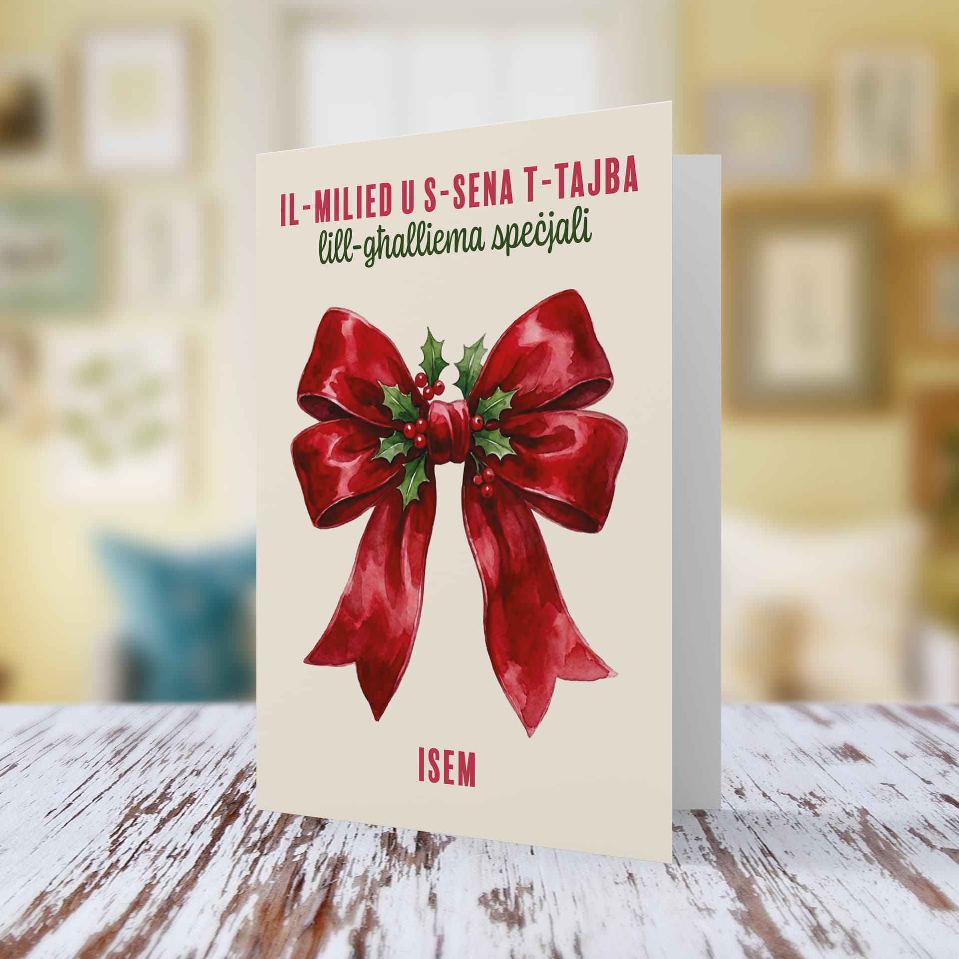 A beautiful A5 Christmas card, featuring a big red bow decorated with hollies, for a special teacher in Maltese (Personalisable)