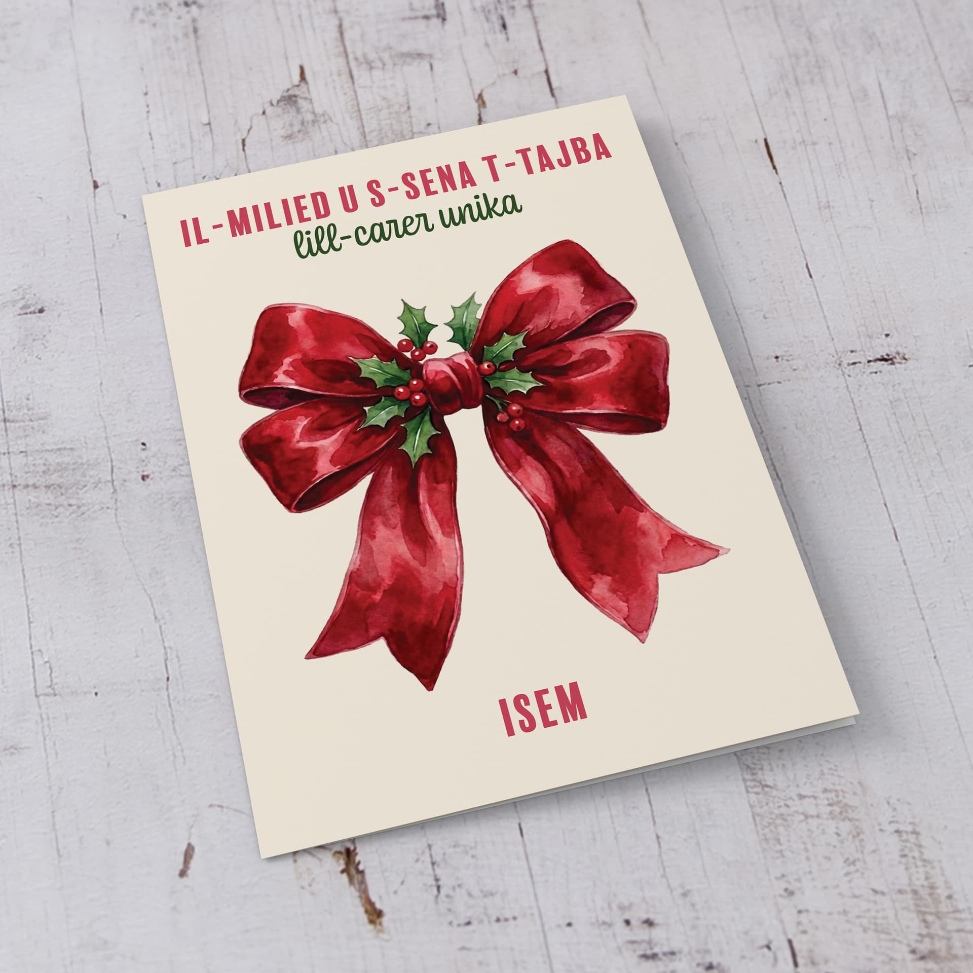 A beautiful A5 Christmas card, featuring a big red bow decorated with hollies, for a unique carer in Maltese (Personalisable)