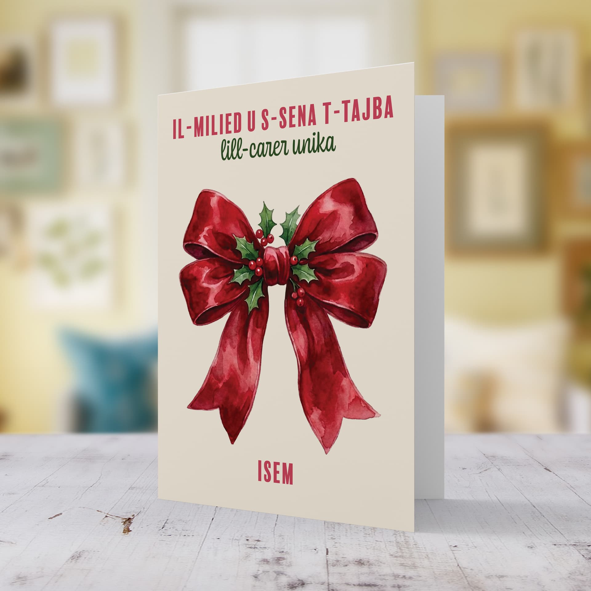 A beautiful A5 Christmas card, featuring a big red bow decorated with hollies, for a unique carer in Maltese (Personalisable)