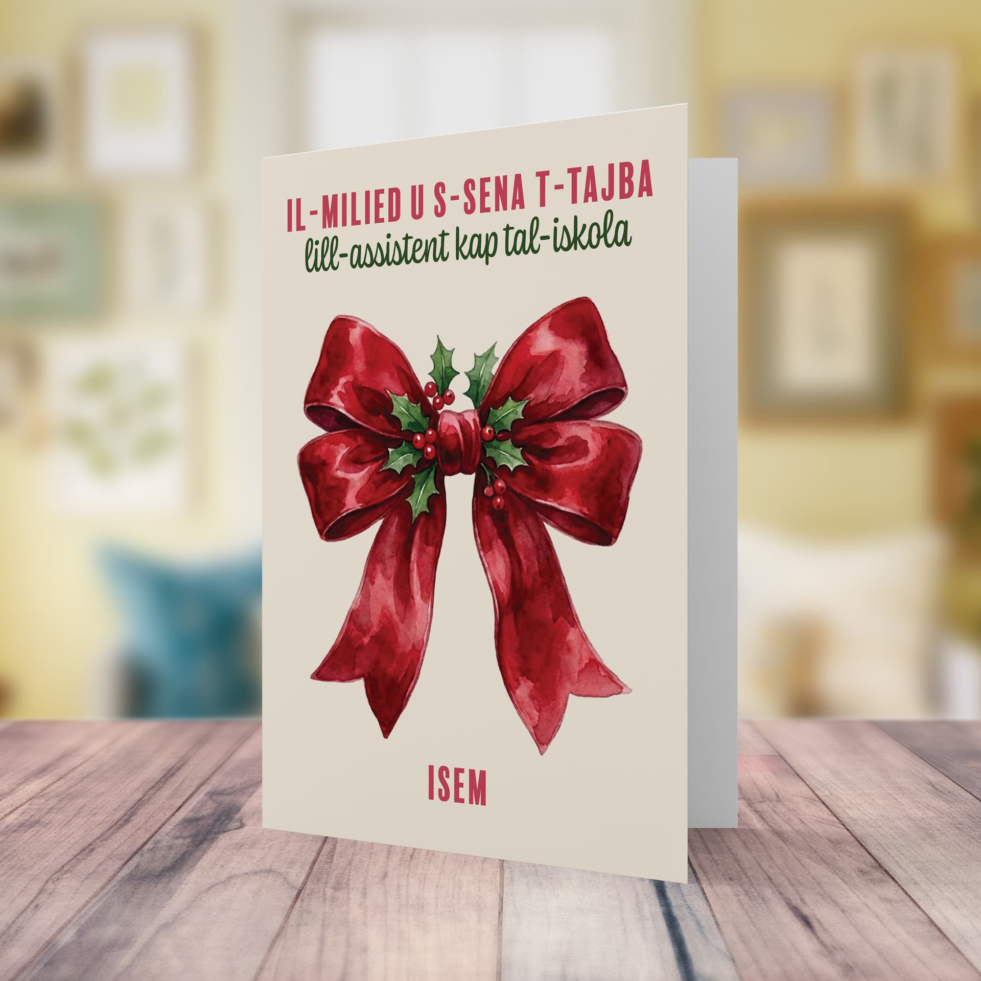 A beautiful A5 Christmas card, featuring a big red bow decorated with hollies, for Assistant Head of School in Maltese (Personalisable)