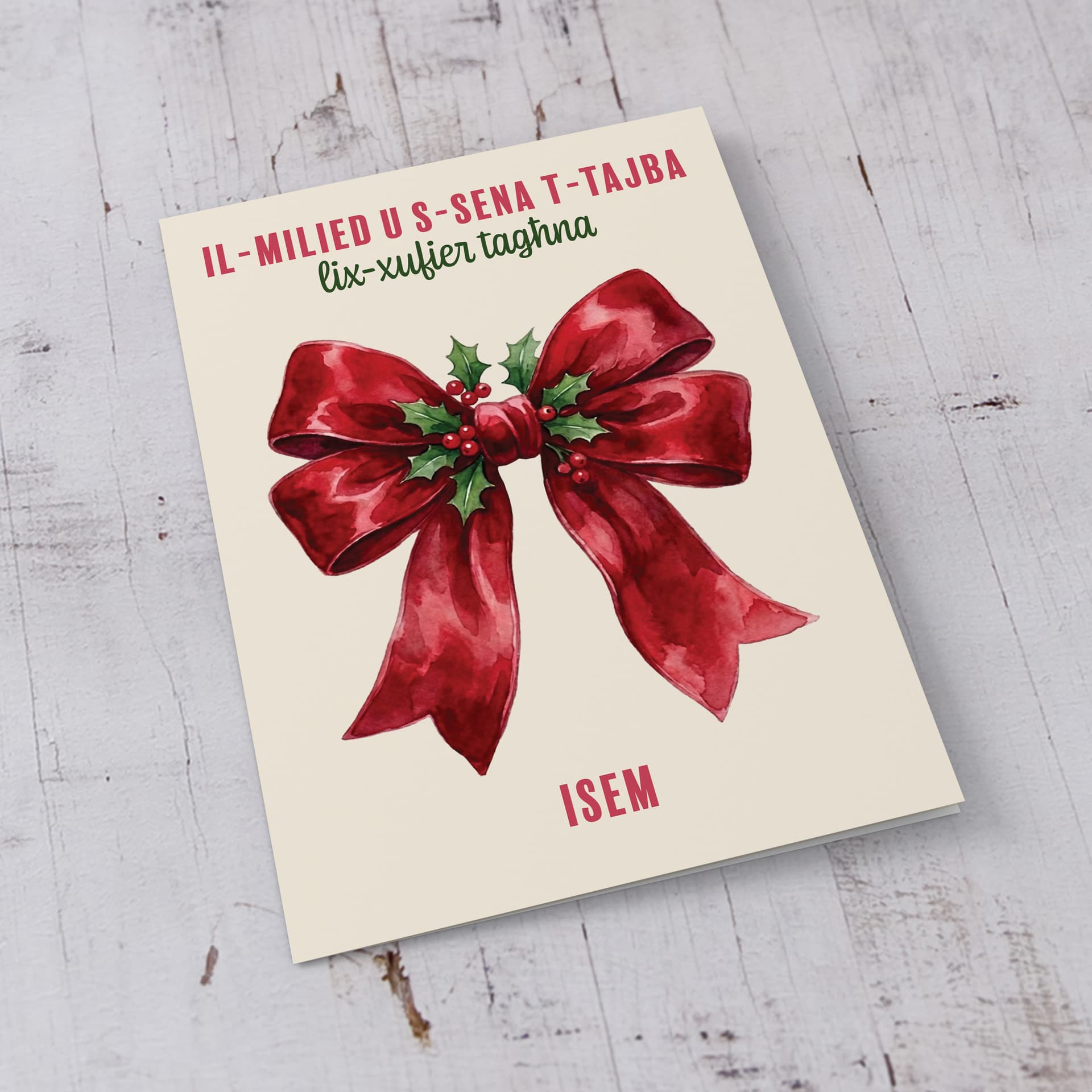 A beautiful A5 Christmas card, featuring a big red bow decorated with hollies, for school driver (male) in Maltese (Personalisable)