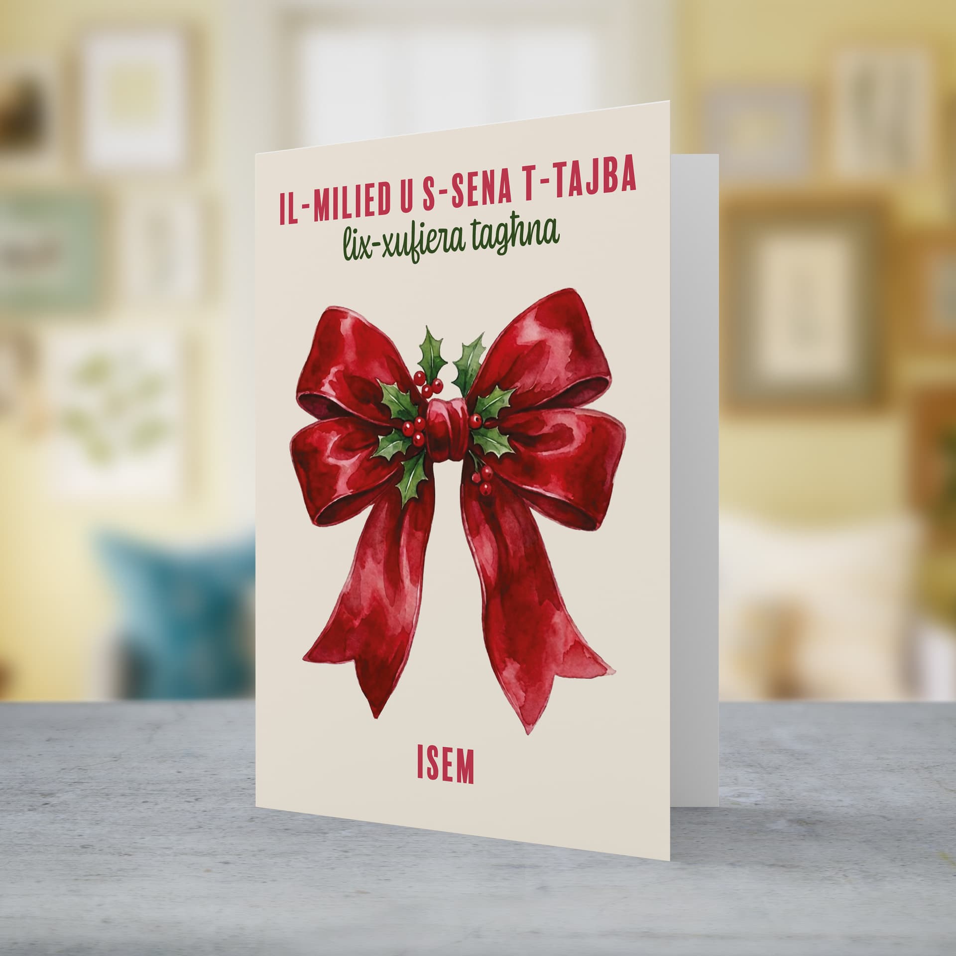 A beautiful A5 Christmas card, featuring a big red bow decorated with hollies, for school driver (female) in Maltese (Personalisable)