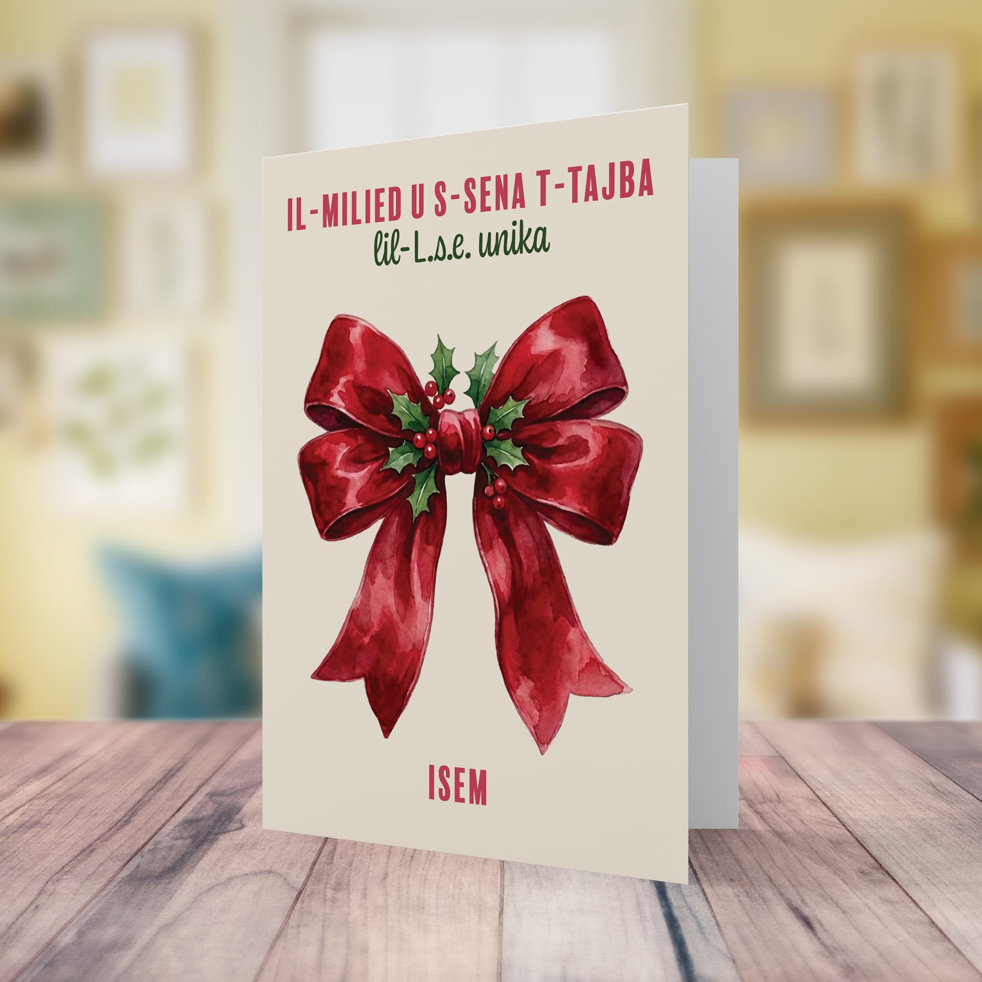 A beautiful A5 Christmas card, featuring a big red bow decorated with hollies, for a unique LSE in Maltese (Personalisable)