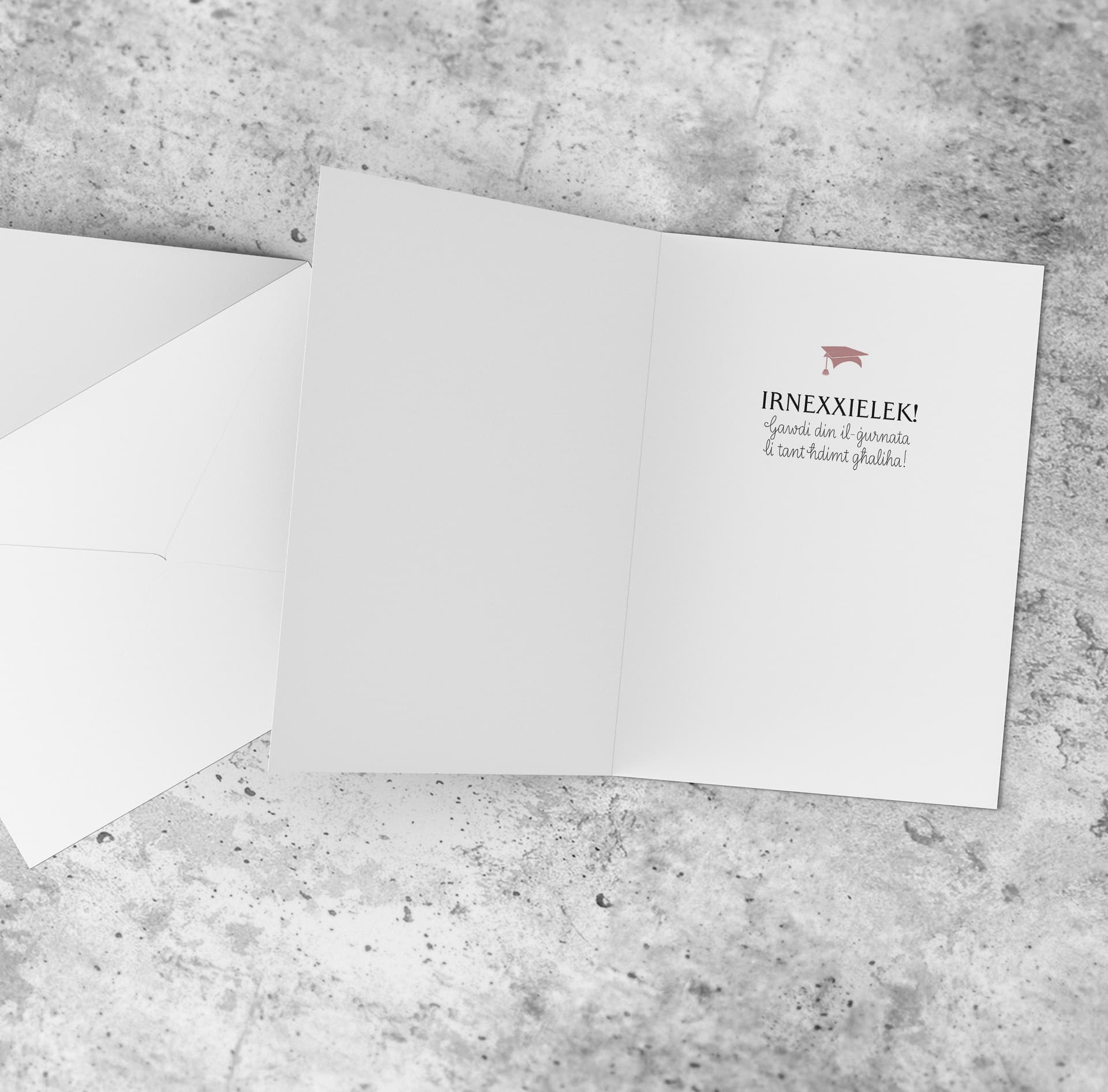 An a5 graduation card in two toned pink colour scheme with a special message in Maltese (Personalisable)