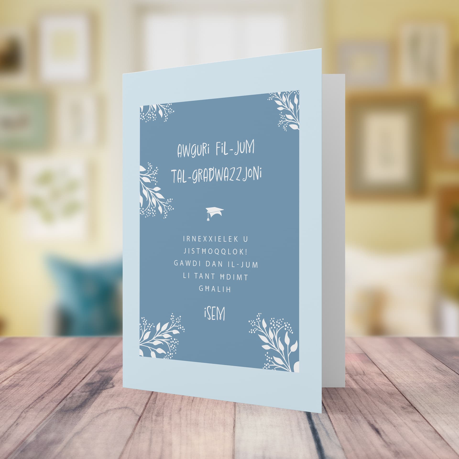 An a5 graduation card in two toned blue colour scheme in Maltese (Personalisable)