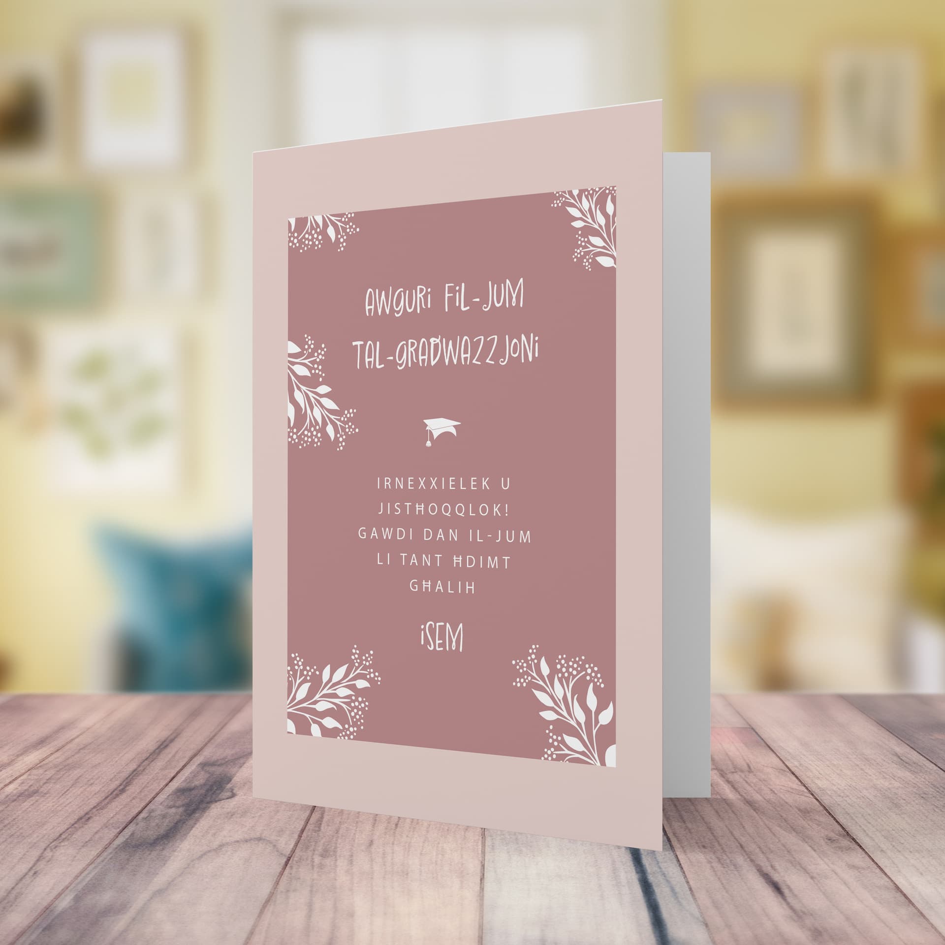 An a5 graduation card in two toned pink colour scheme in Maltese (Personalisable)