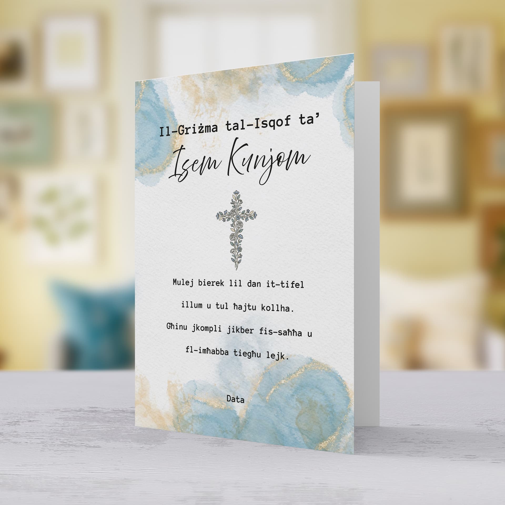A beautiful confirmation card for boys featuring a floral cross, and a background with touches of gold and light blue in Maltese (Personalisable)