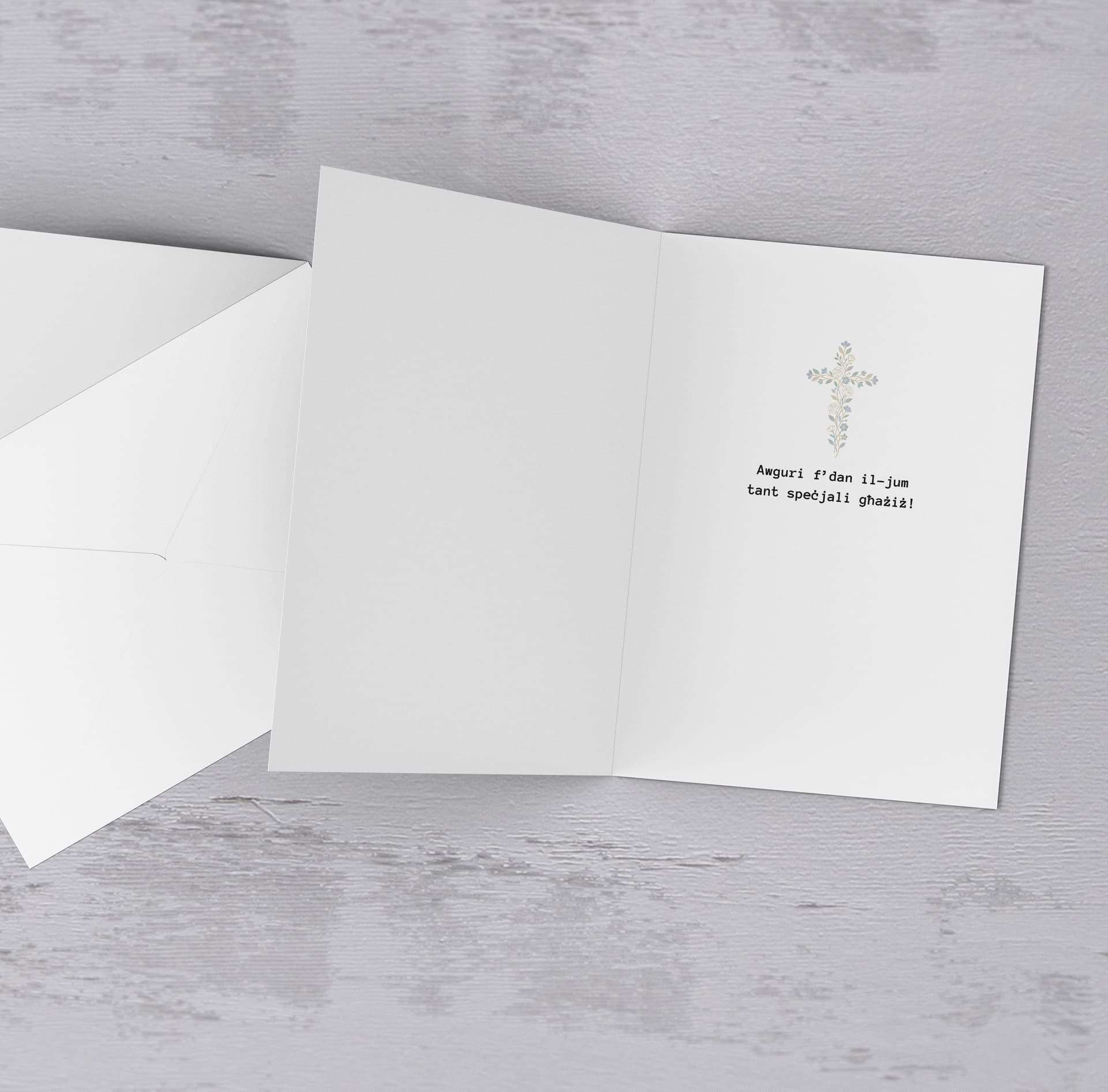 A beautiful confirmation card for boys featuring a floral cross, and a background with touches of gold and light blue in Maltese (Personalisable)