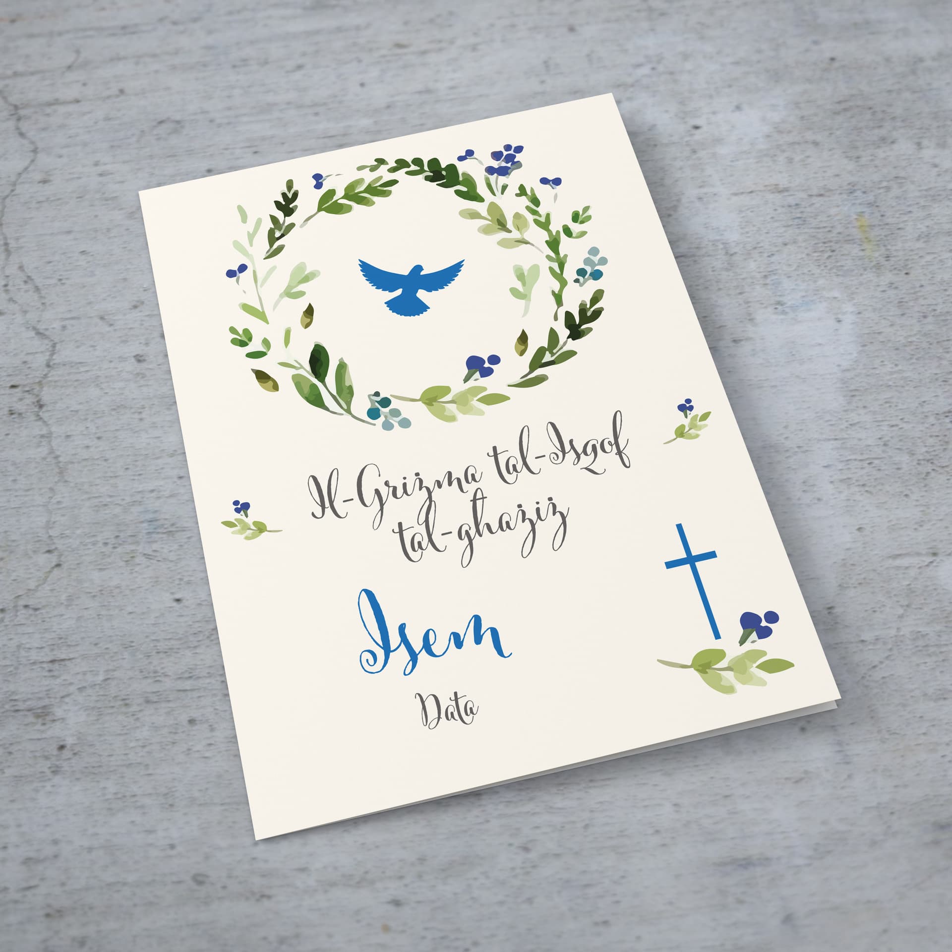 An a5 Confirmation Card featuring a floral wreath with Holy Spirit in blue tones in Maltese (Personalisable)