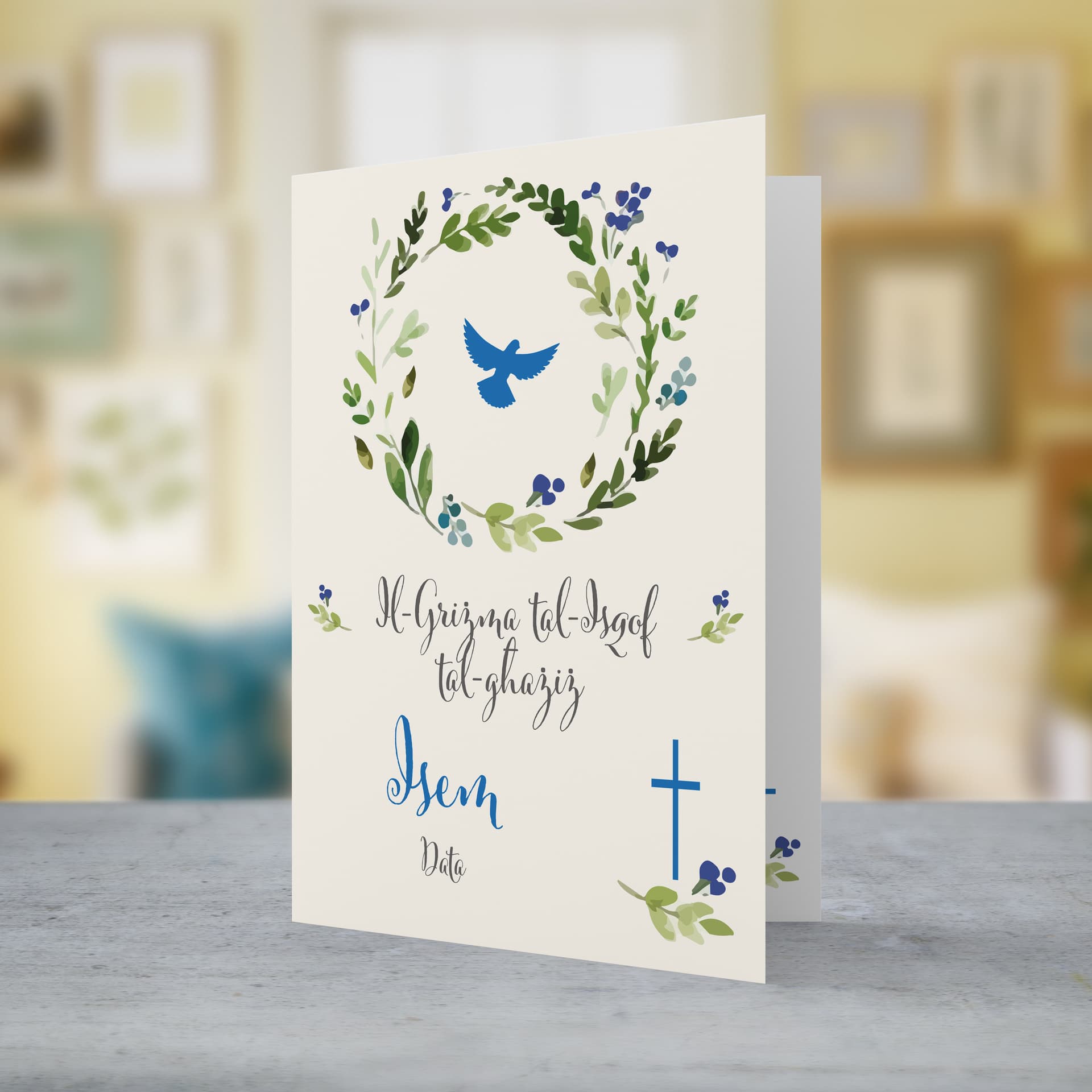 An a5 Confirmation Card featuring a floral wreath with Holy Spirit in blue tones in Maltese (Personalisable)