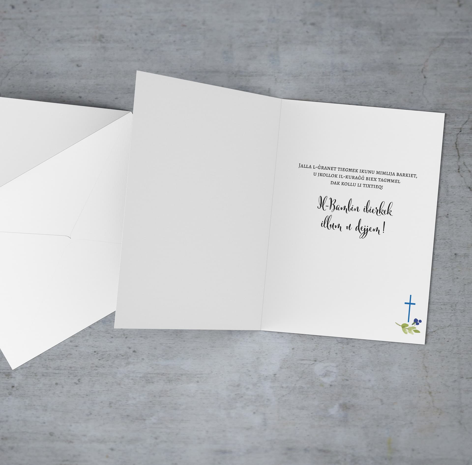 An a5 Confirmation Card featuring a floral wreath with Holy Spirit in blue tones in Maltese (Personalisable)