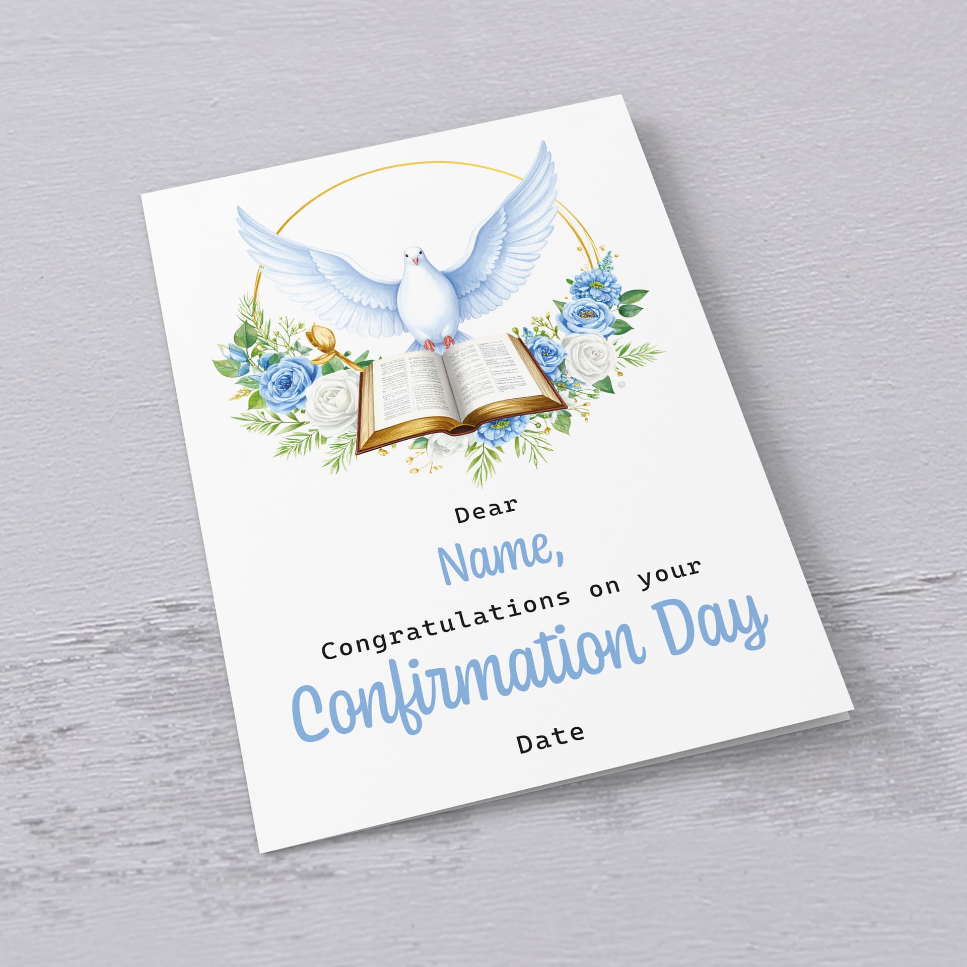 An A5 elegant Confirmation card featuring the Holy Spirit dove, an open Bible and beautiful blue and white flowers in English (Personalisable)