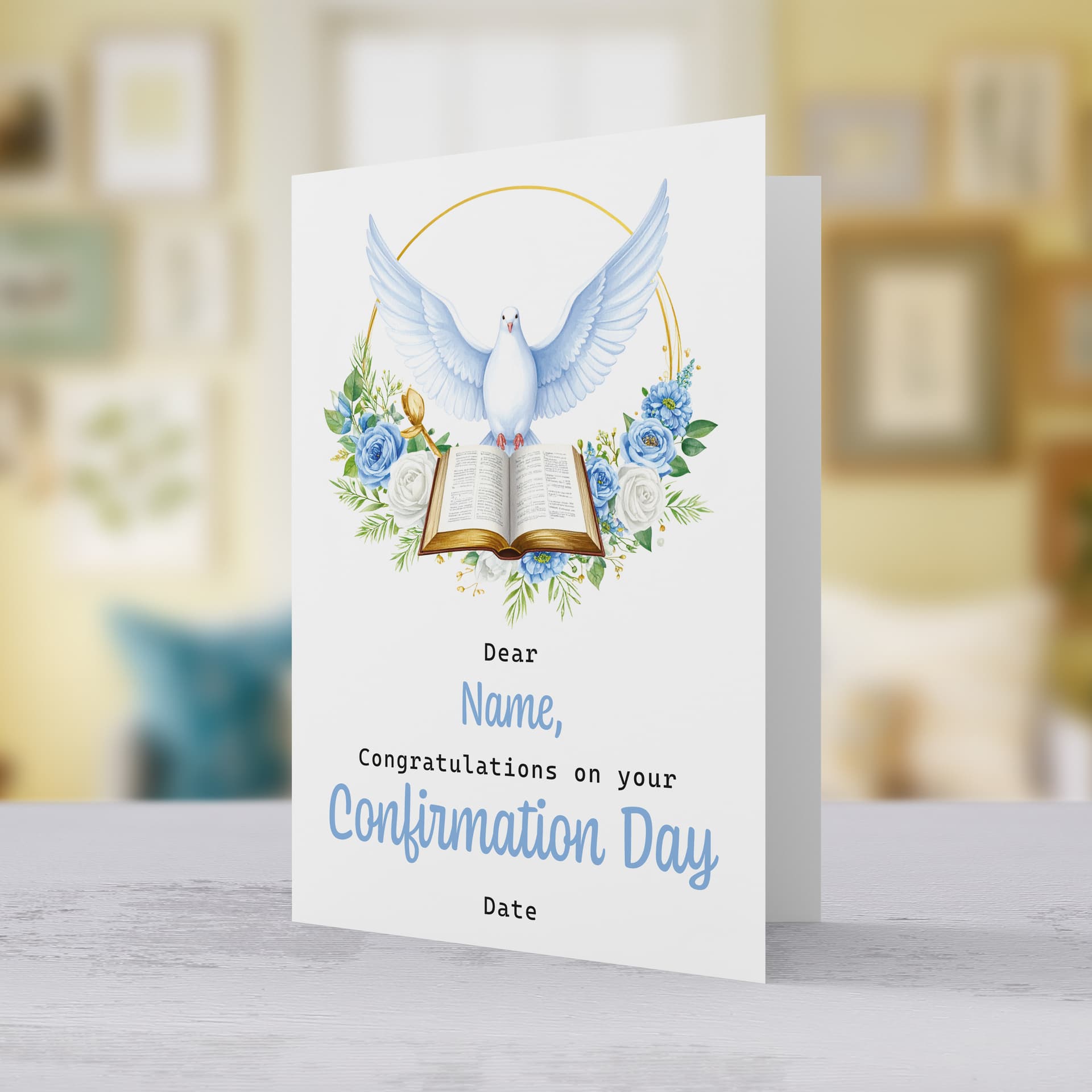 An A5 elegant Confirmation card featuring the Holy Spirit dove, an open Bible and beautiful blue and white flowers in English (Personalisable)