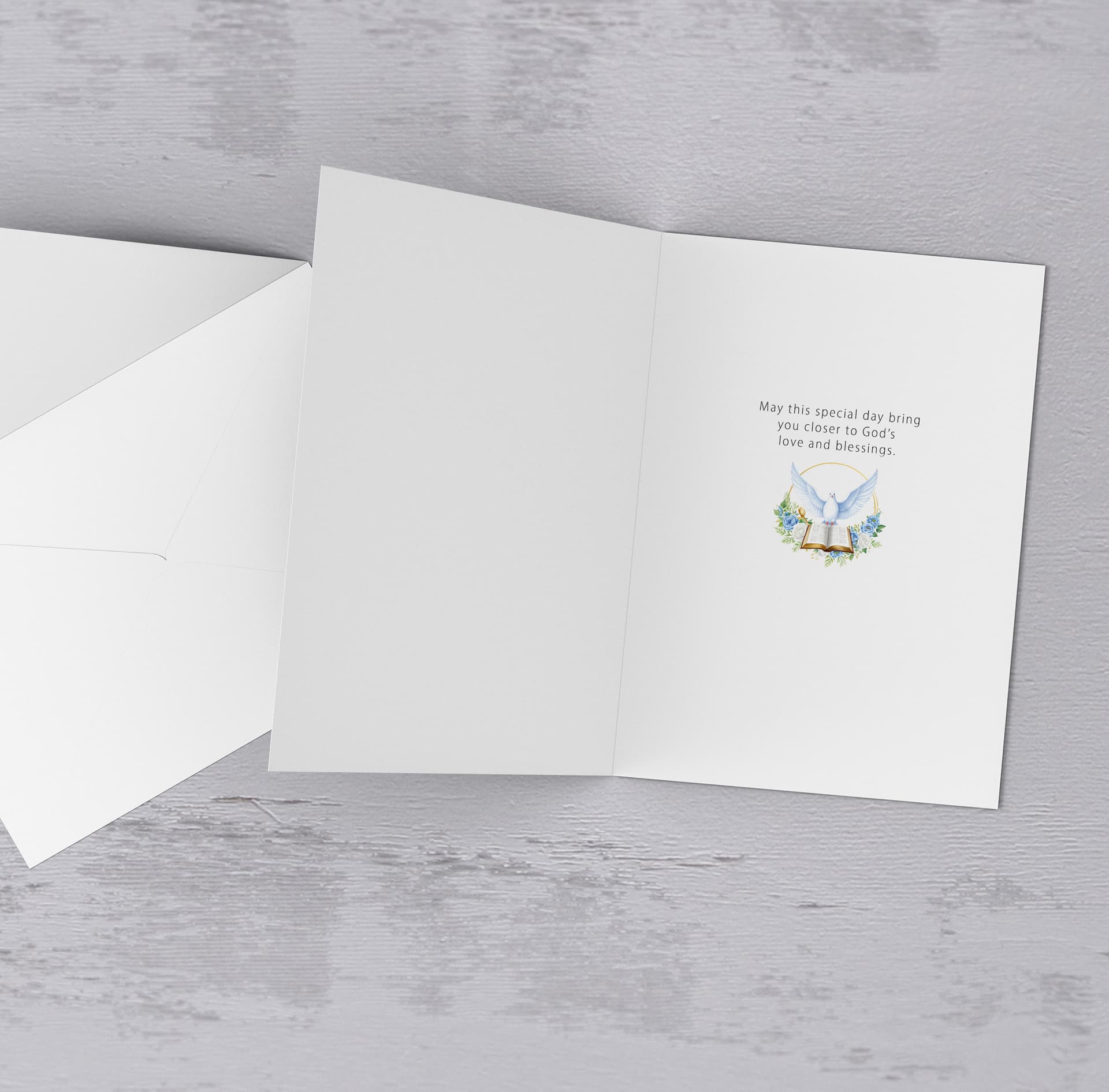 An A5 elegant Confirmation card featuring the Holy Spirit dove, an open Bible and beautiful blue and white flowers in English (Personalisable)