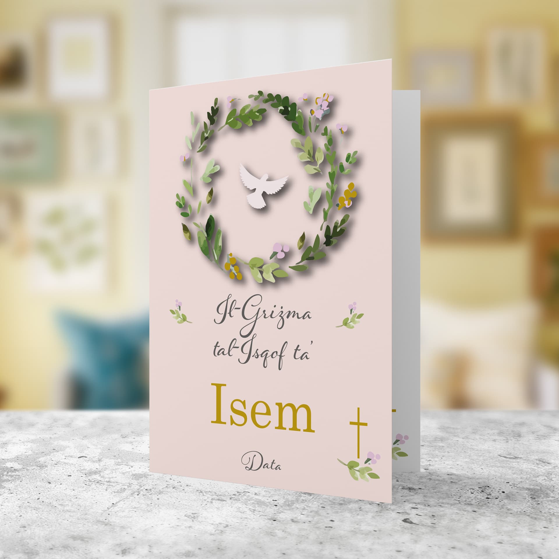 An a5 Confirmation Card featuring a floral wreath with Holy Spirit in a light pink background in Maltese (Personalisable)
