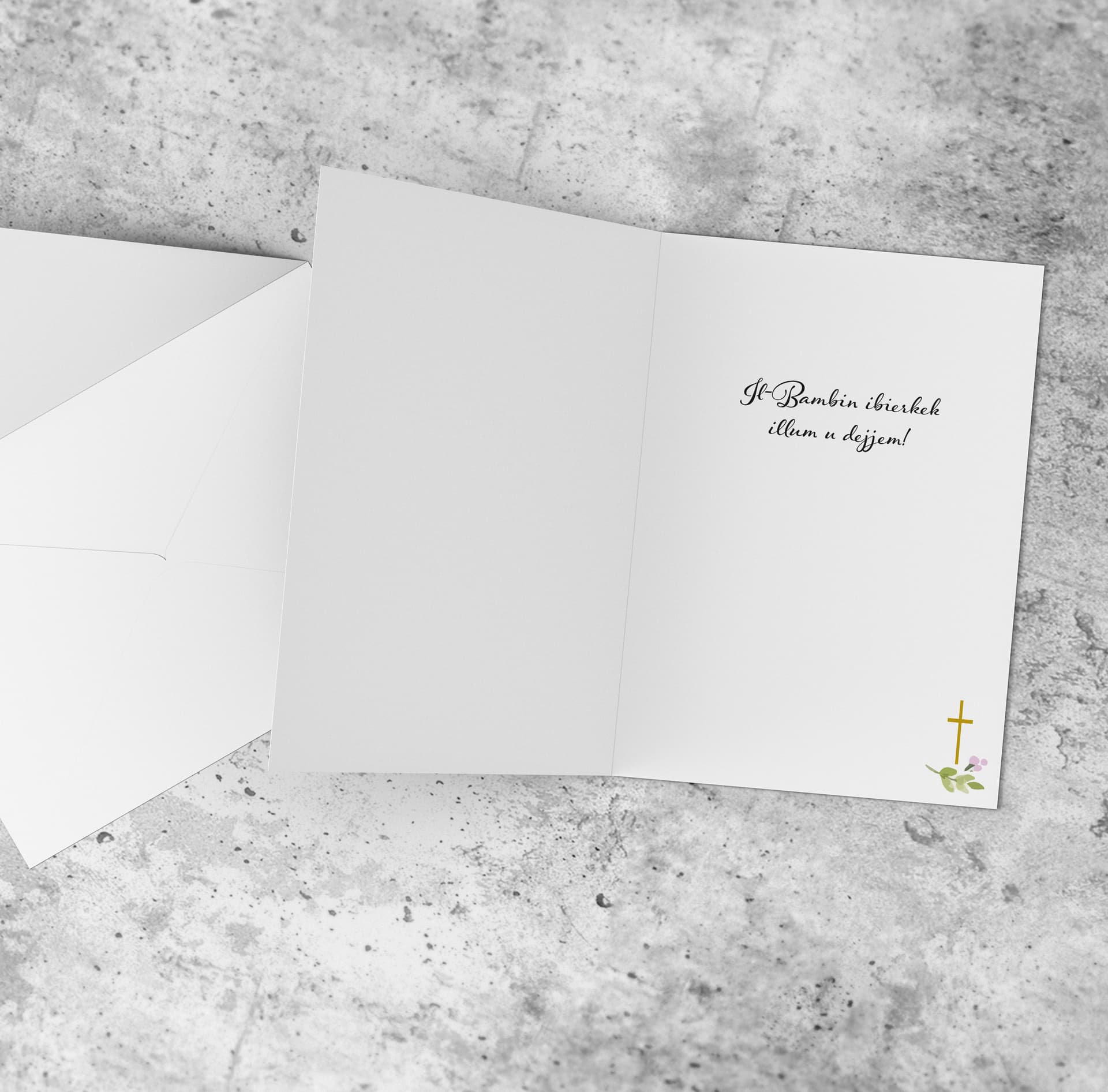 An a5 Confirmation Card featuring a floral wreath with Holy Spirit in a light pink background in Maltese (Personalisable)